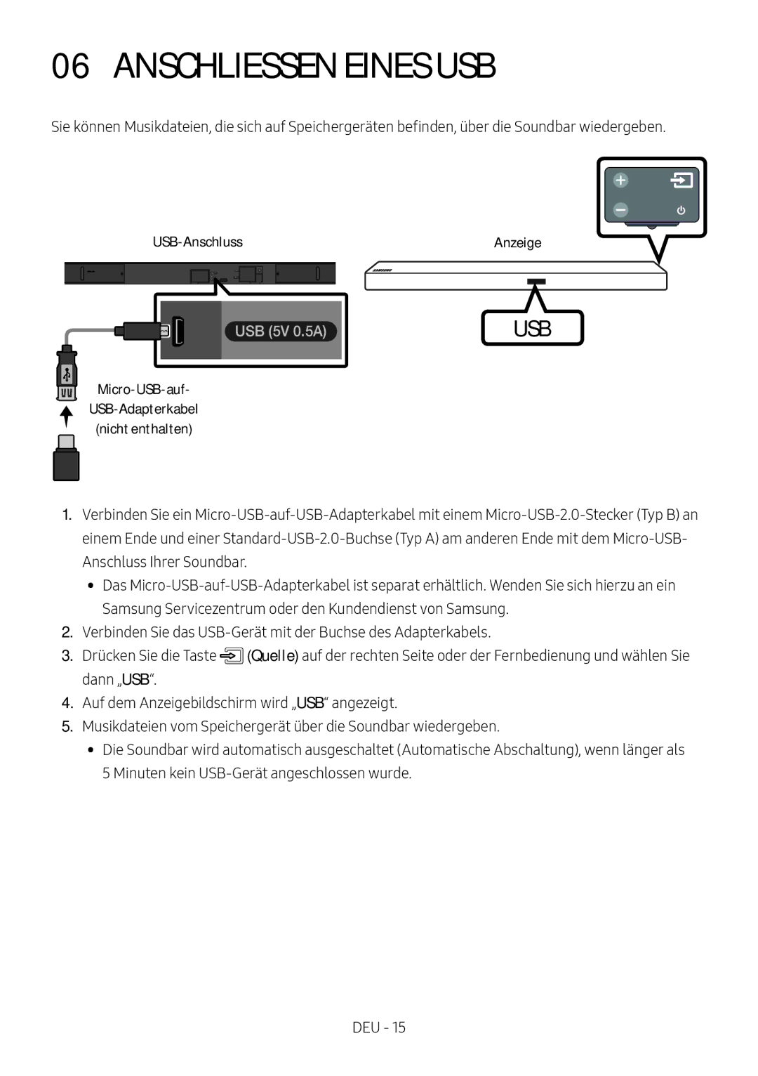 Samsung HW-M560/XE manual Anschliessen Eines USB, USB-Anschluss Anzeige, Micro-USB-auf USB-Adapterkabel Nicht enthalten 