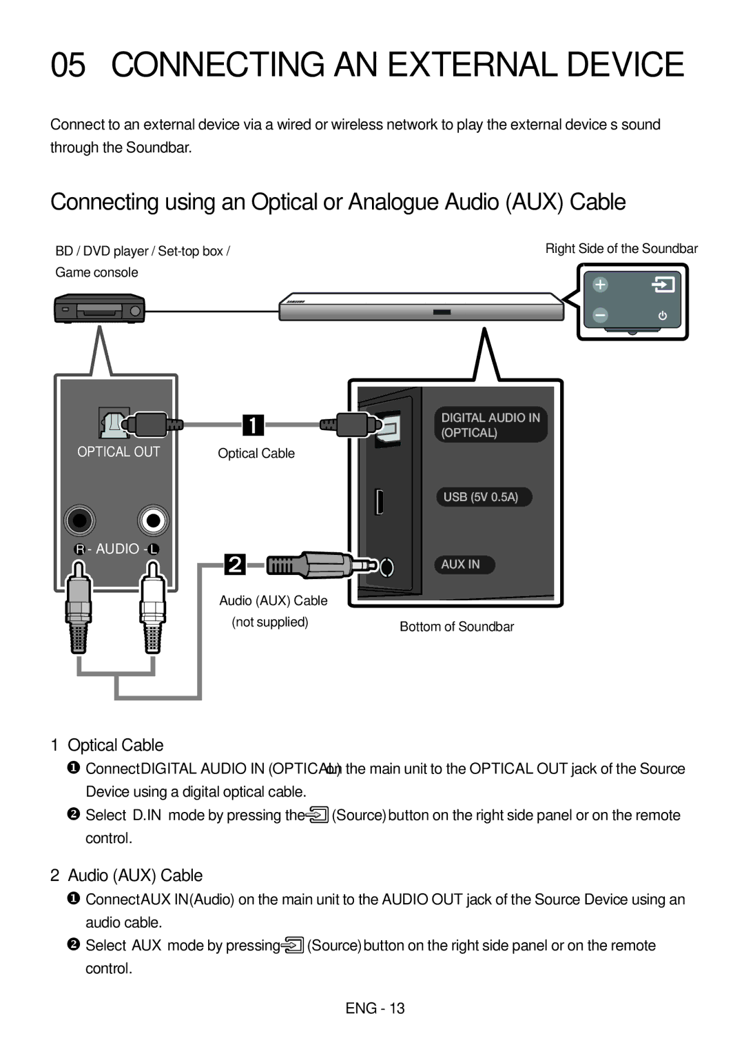 Samsung HW-M560/XE Connecting AN External Device, Connecting using an Optical or Analogue Audio AUX Cable, Optical Cable 