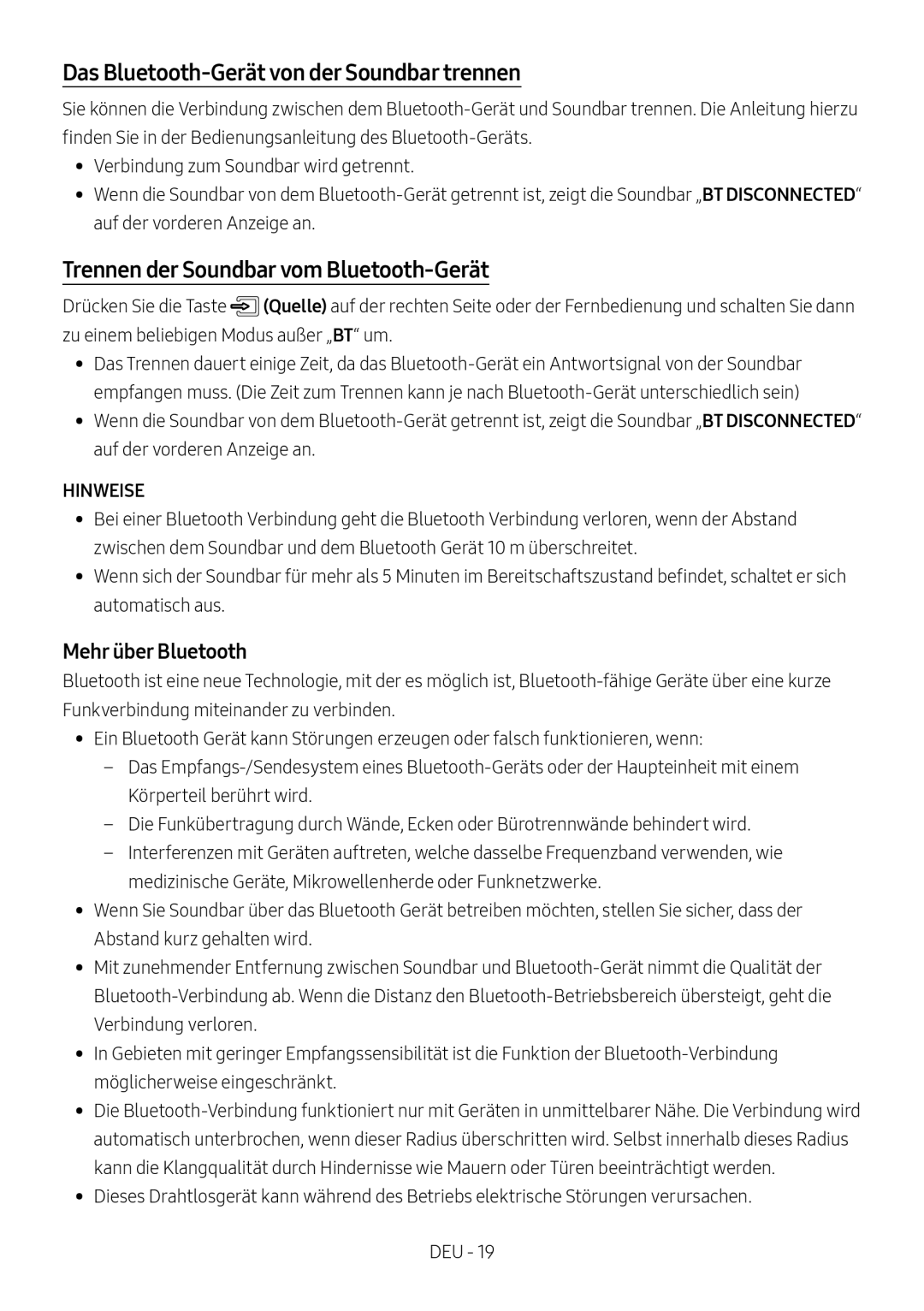 Samsung HW-M550/EN, HW-M550/ZF manual Das Bluetooth-Gerät von der Soundbar trennen, Trennen der Soundbar vom Bluetooth-Gerät 