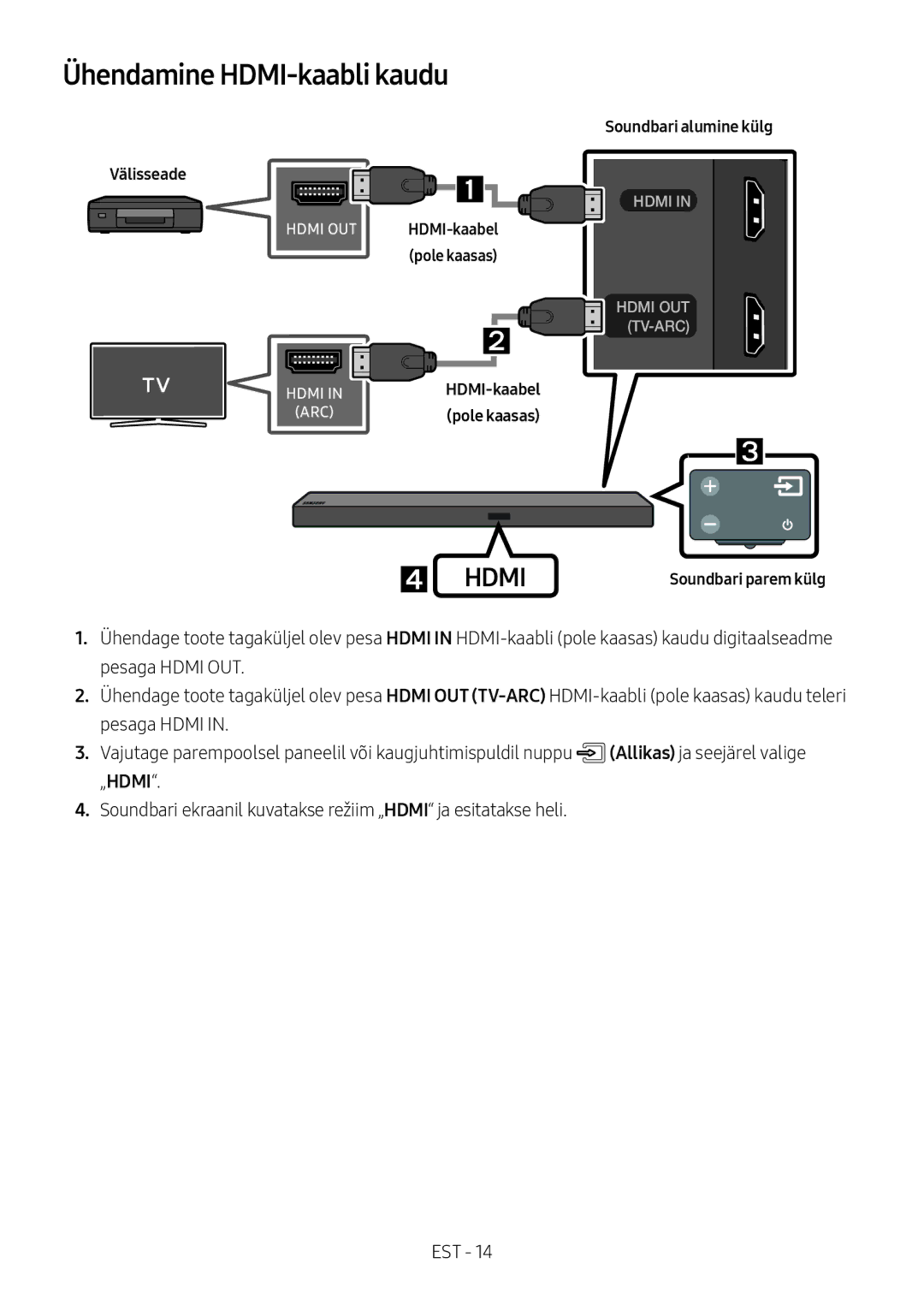 Samsung HW-M560/XE, HW-M550/EN, HW-M550/ZF manual Ühendamine HDMI-kaabli kaudu, Välisseade, Soundbari alumine külg 