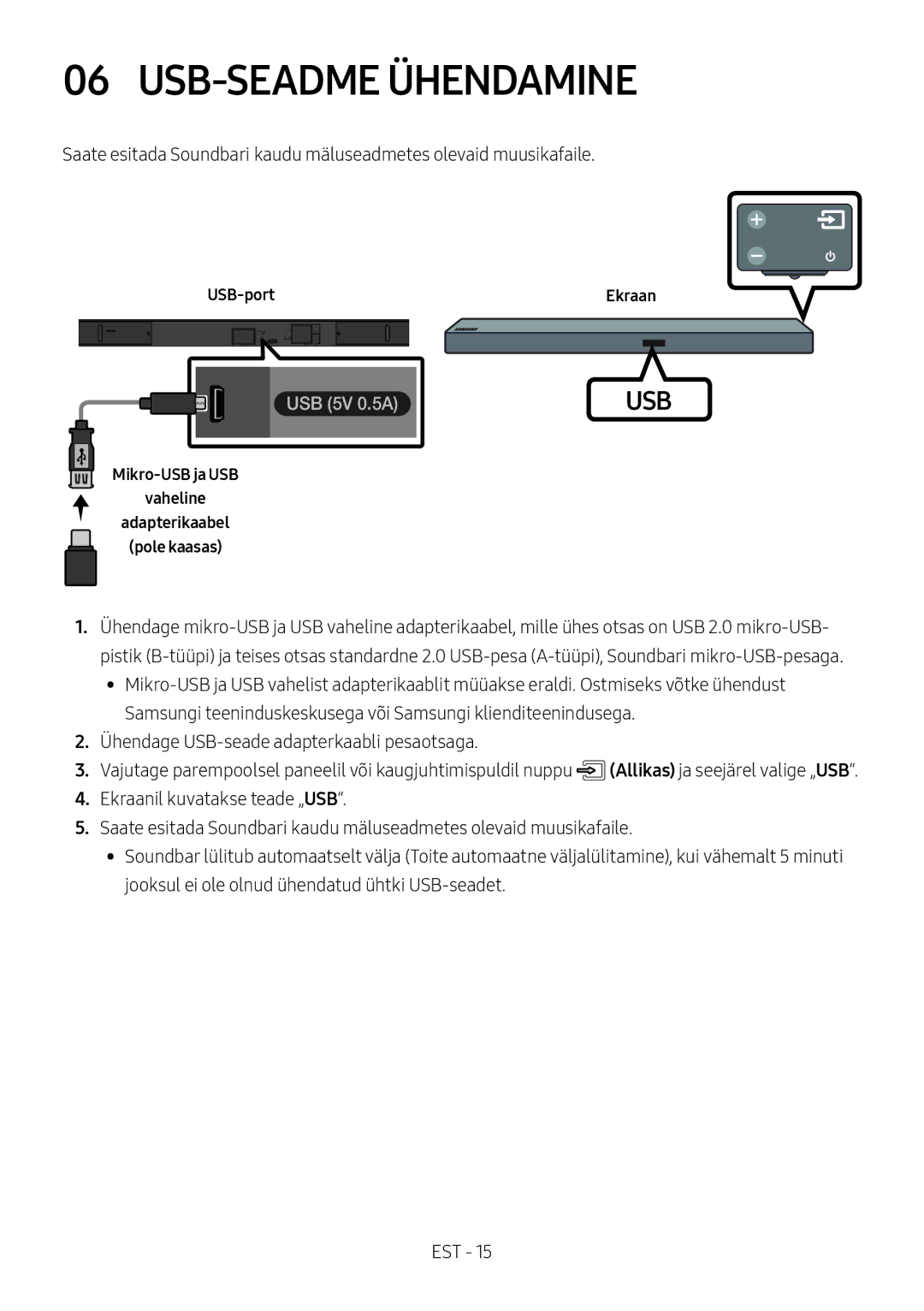 Samsung HW-M550/EN manual USB-SEADME Ühendamine, USB-port Ekraan, Mikro-USB ja USB Vaheline Adapterikaabel Pole kaasas 