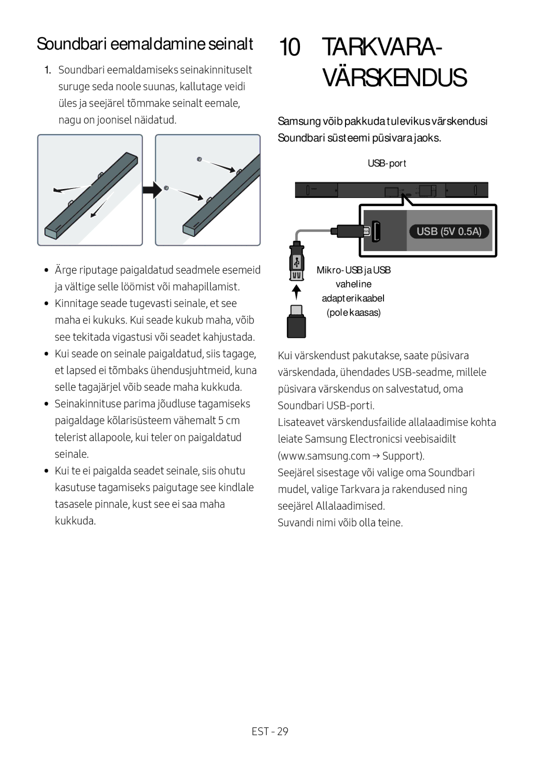 Samsung HW-M560/XE, HW-M550/EN, HW-M550/ZF manual Soundbari eemaldamine seinalt, USB-port 