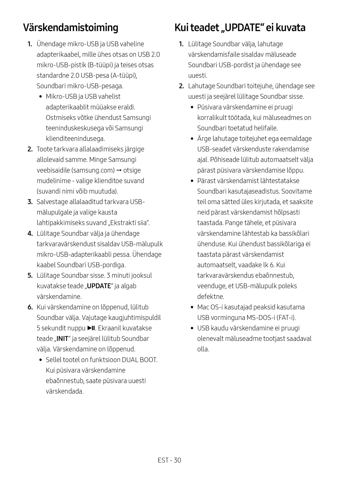 Samsung HW-M550/EN, HW-M550/ZF, HW-M560/XE manual Värskendamistoiming, Kui teadet „UPDATE ei kuvata 