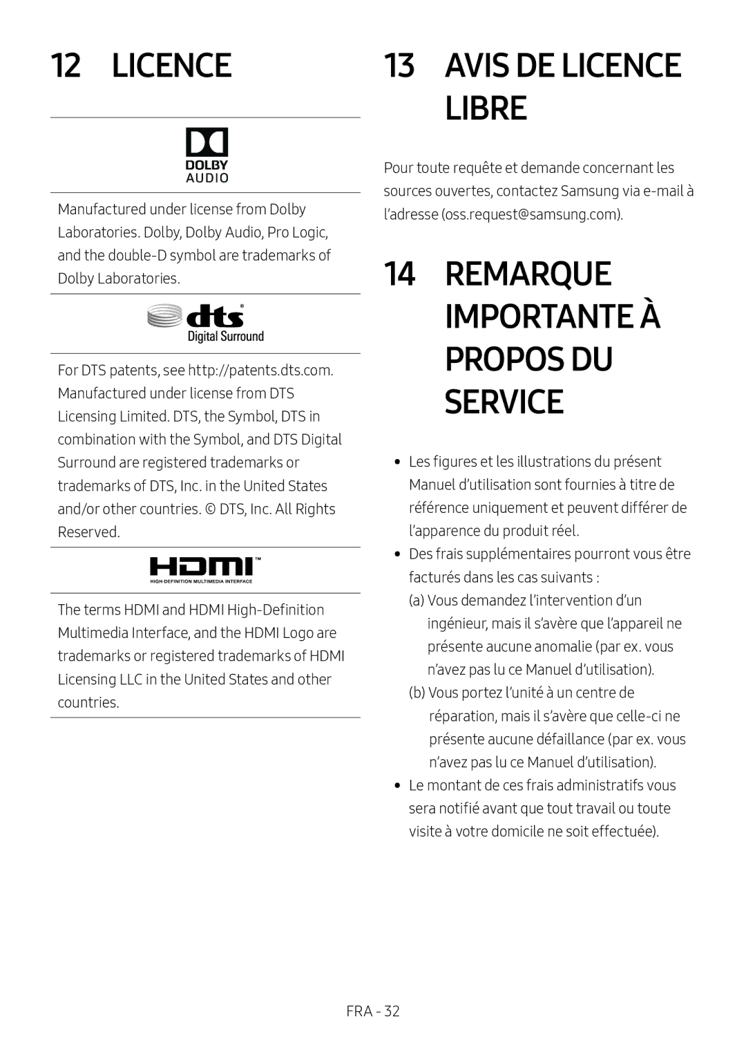 Samsung HW-M550/EN, HW-M550/ZF, HW-M560/XE manual Remarque Importante À Propos DU Service, Avis DE Licence Libre 