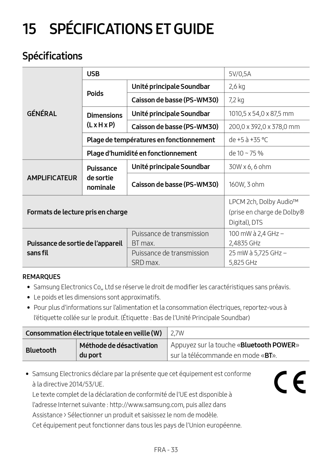 Samsung HW-M550/ZF, HW-M550/EN, HW-M560/XE manual 15 Spécifications ET Guide 