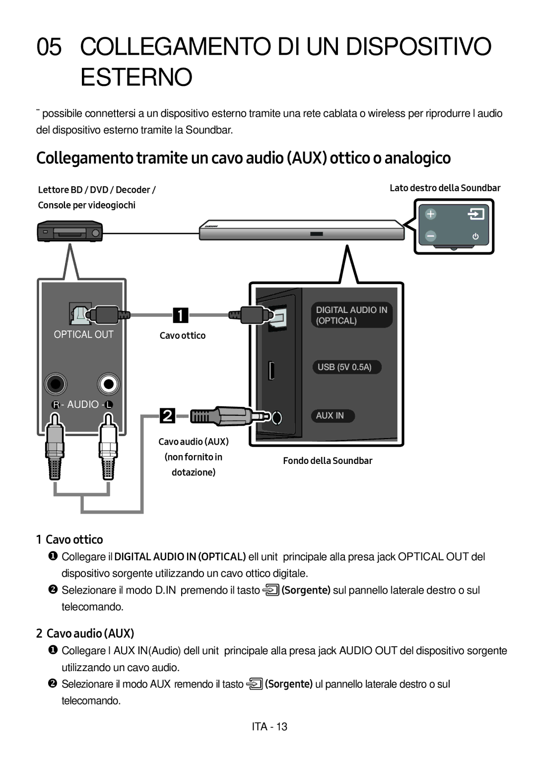 Samsung HW-M560/XE manual Collegamento DI UN Dispositivo Esterno, Collegamento tramite un cavo audio AUX ottico o analogico 