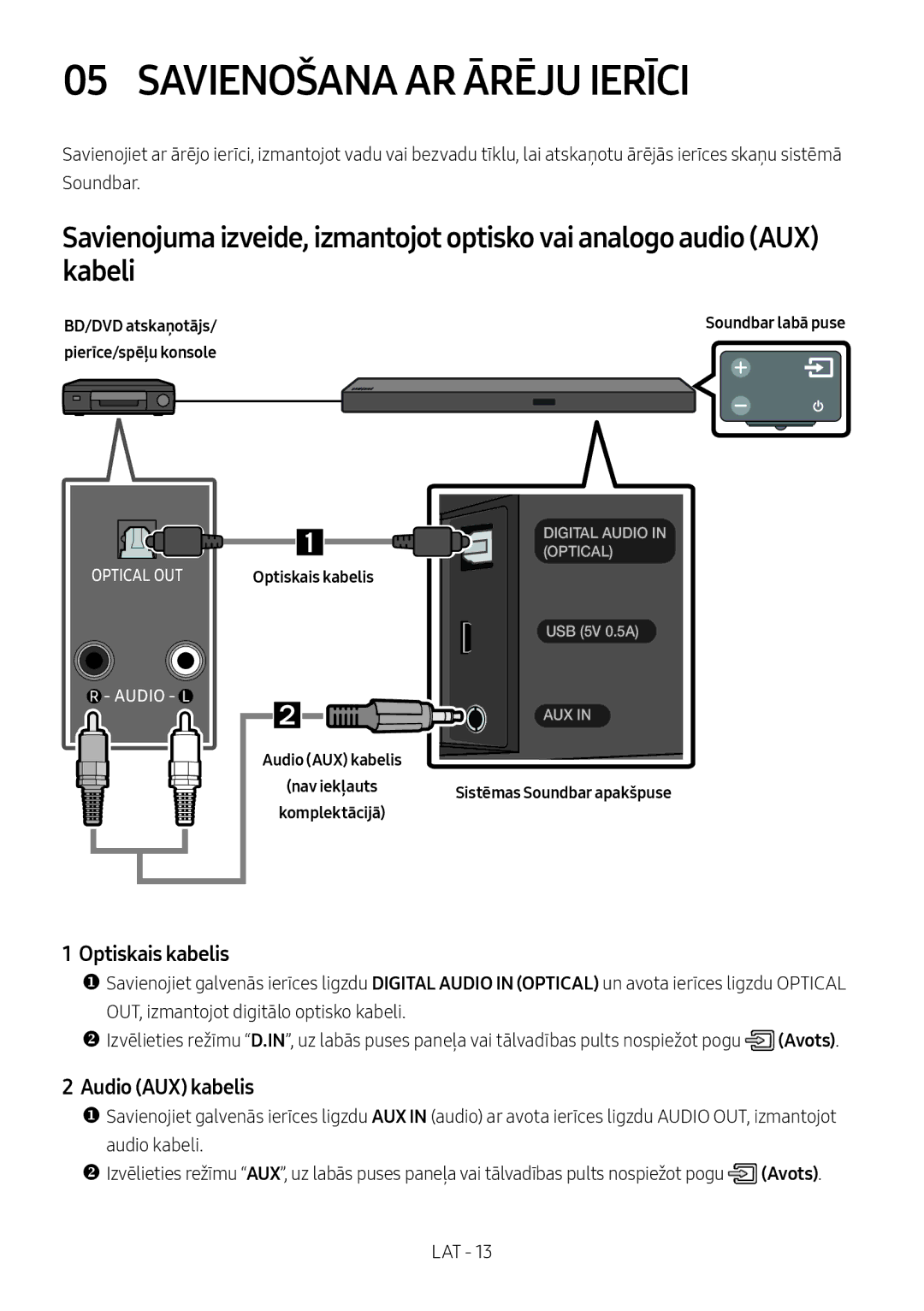 Samsung HW-M550/EN, HW-M550/ZF manual Savienošana AR Ārēju Ierīci, Optiskais kabelis, Audio AUX kabelis, BD/DVD atskaņotājs 