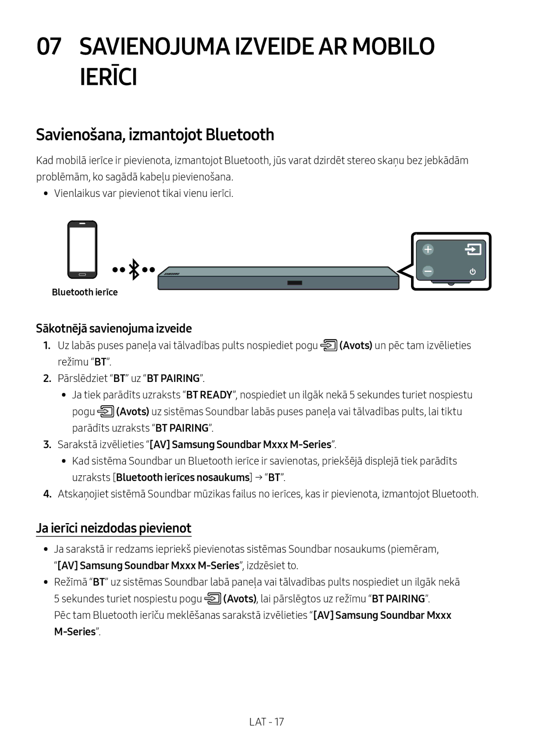 Samsung HW-M550/ZF Savienojuma Izveide AR Mobilo Ierīci, Savienošana, izmantojot Bluetooth, Ja ierīci neizdodas pievienot 