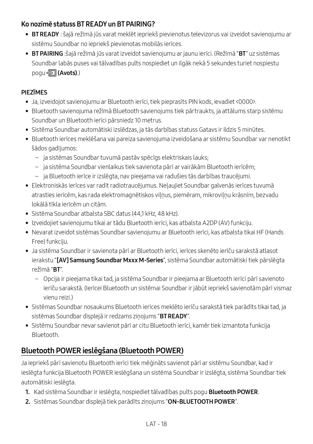 Samsung HW-M560/XE, HW-M550/EN manual Bluetooth Power ieslēgšana Bluetooth Power, Ko nozīmē statuss BT Ready un BT PAIRING? 