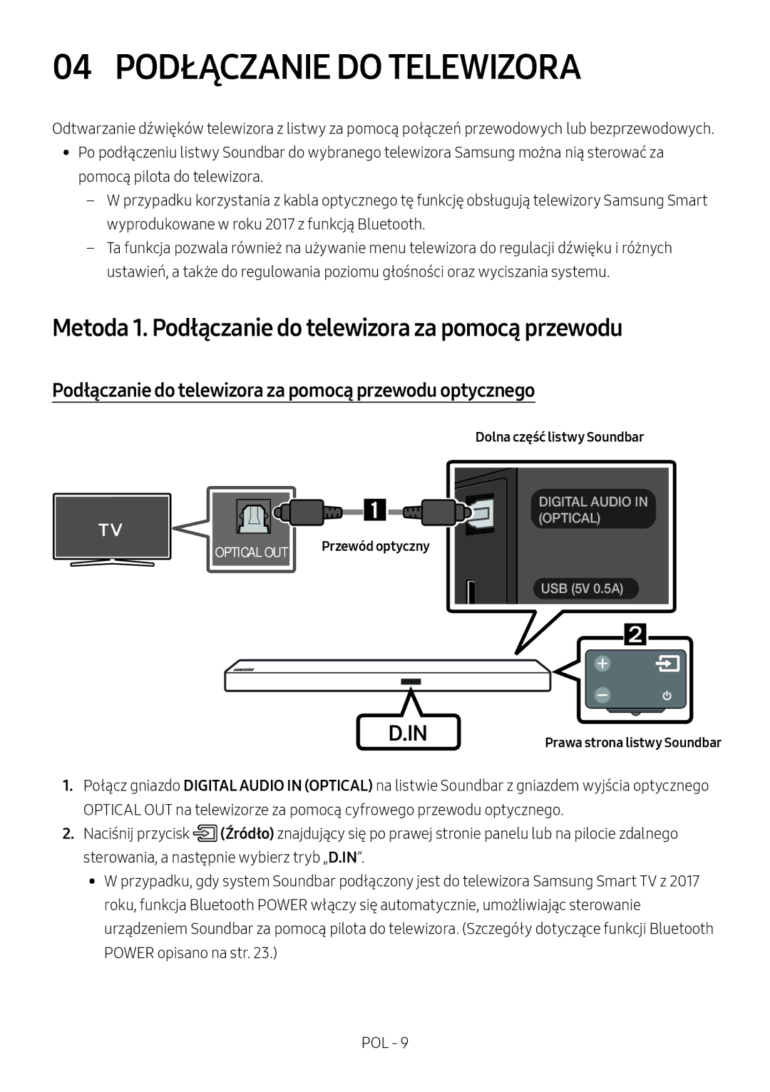 Samsung HW-M550/ZF, HW-M550/EN manual 04 Podłączanie do Telewizora, Metoda 1. Podłączanie do telewizora za pomocą przewodu 