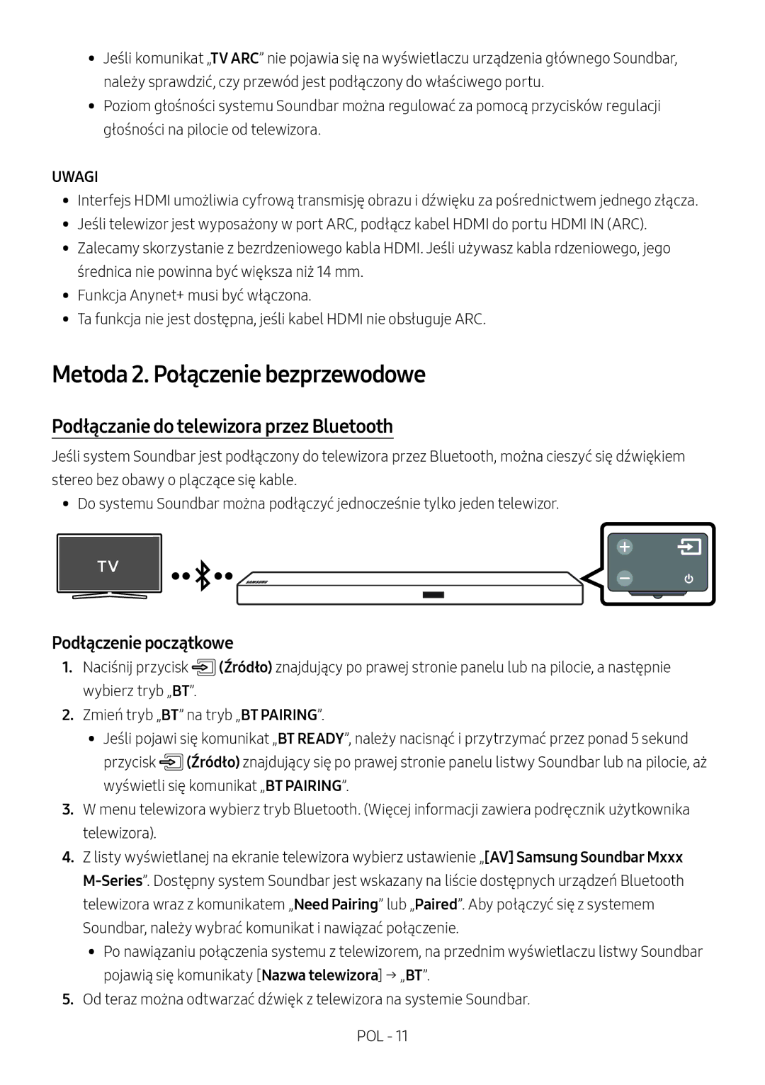 Samsung HW-M550/EN Metoda 2. Połączenie bezprzewodowe, Podłączanie do telewizora przez Bluetooth, Podłączenie początkowe 