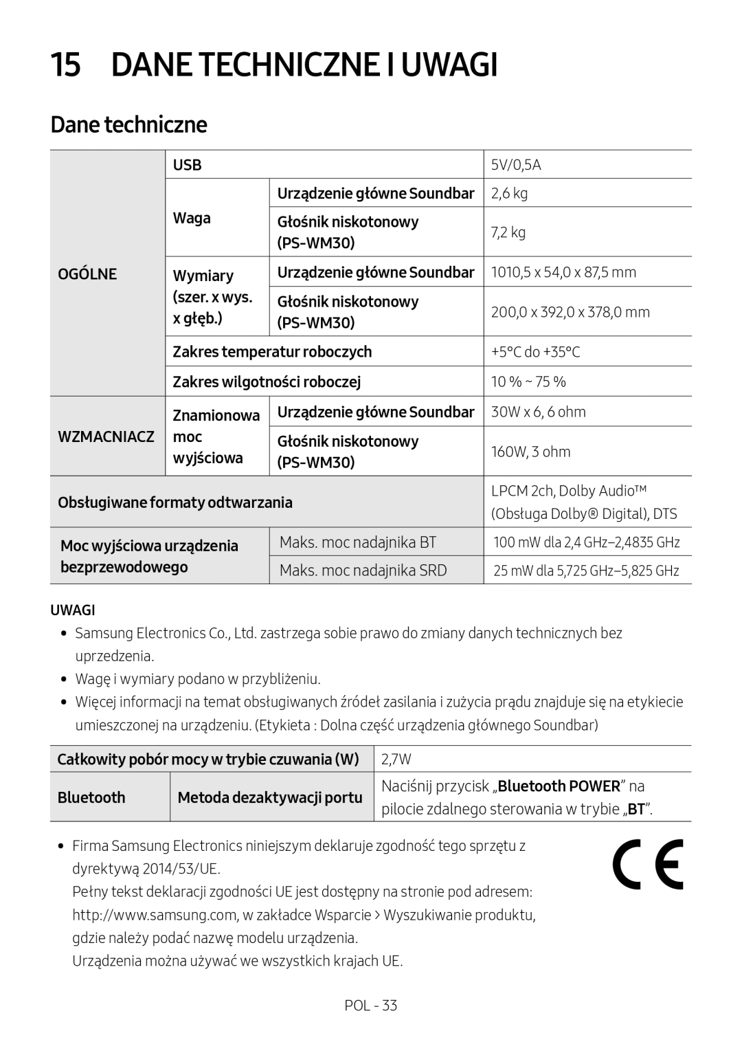 Samsung HW-M550/ZF, HW-M550/EN, HW-M560/XE manual Dane Techniczne I Uwagi, Dane techniczne 