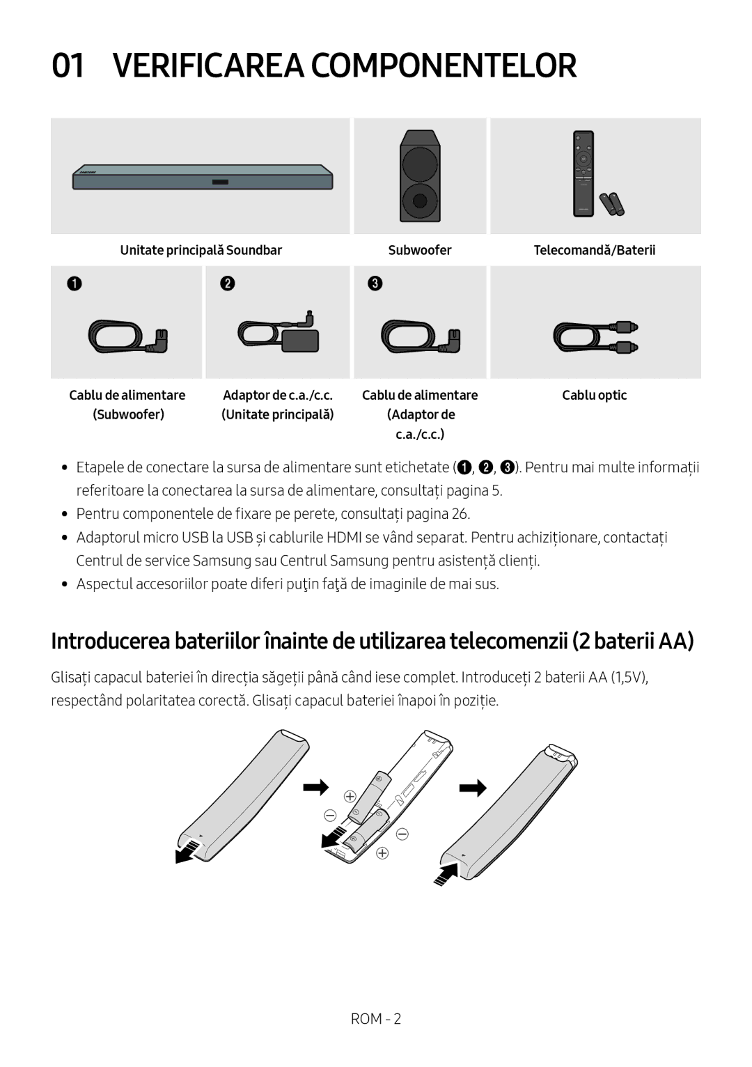 Samsung HW-M550/ZF, HW-M550/EN manual Verificarea Componentelor, Unitate principală Soundbar Subwoofer, Adaptor de c.a./c.c 