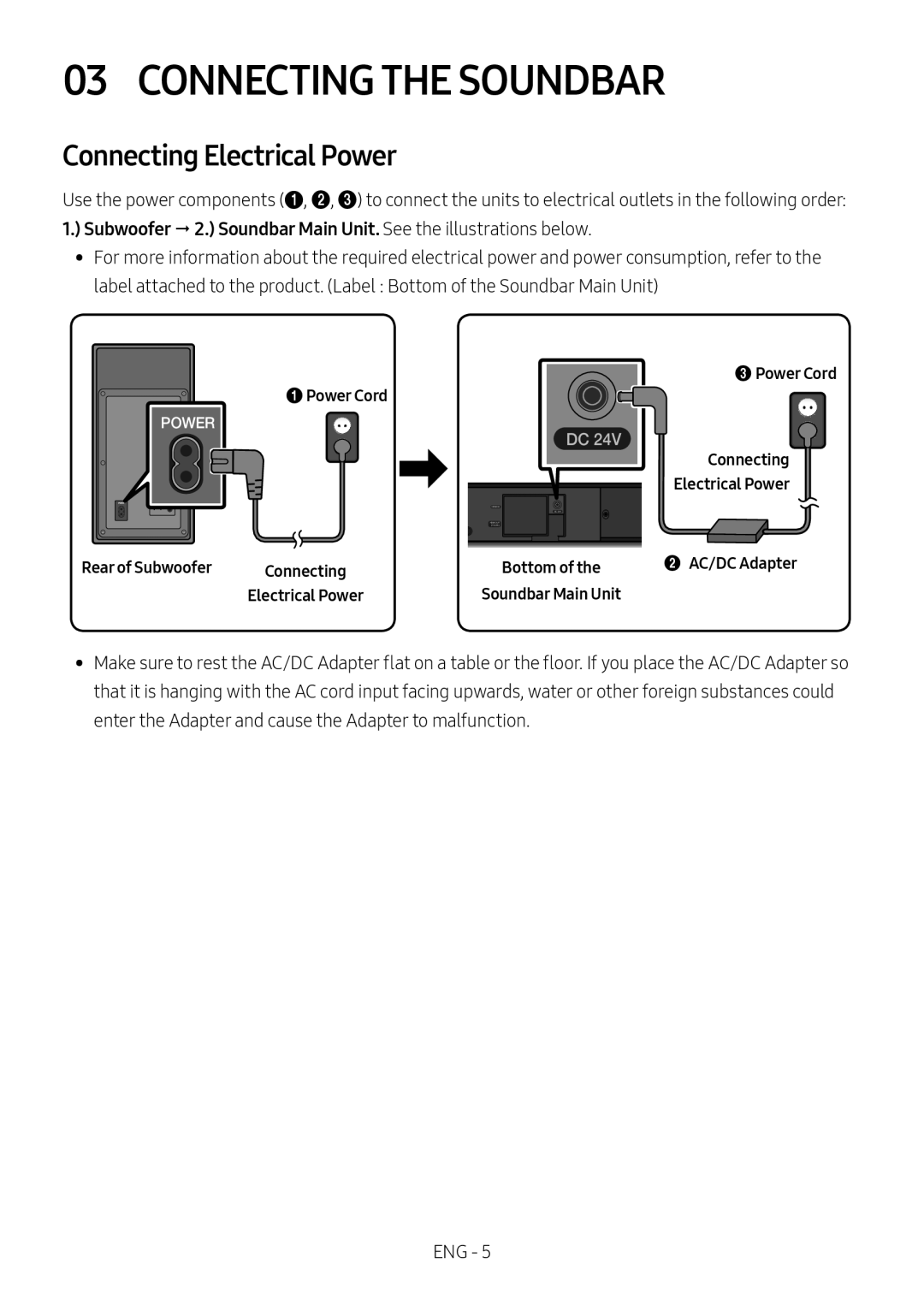 Samsung HW-M550/EN, HW-M550/ZF, HW-M560/XE manual Connecting the Soundbar, Connecting Electrical Power 