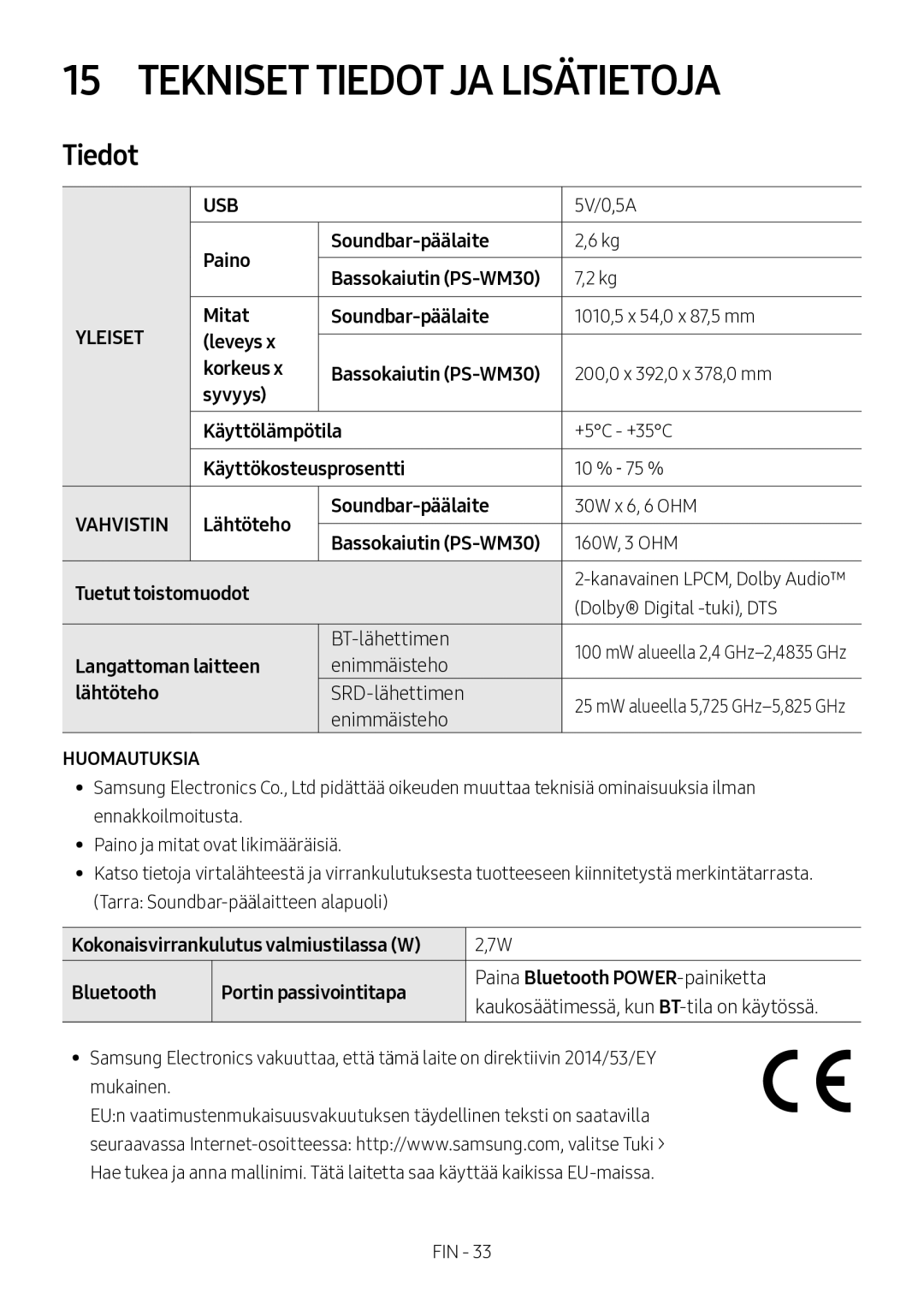 Samsung HW-M550/EN, HW-M550/ZF, HW-M560/XE manual Tekniset Tiedot JA Lisätietoja 