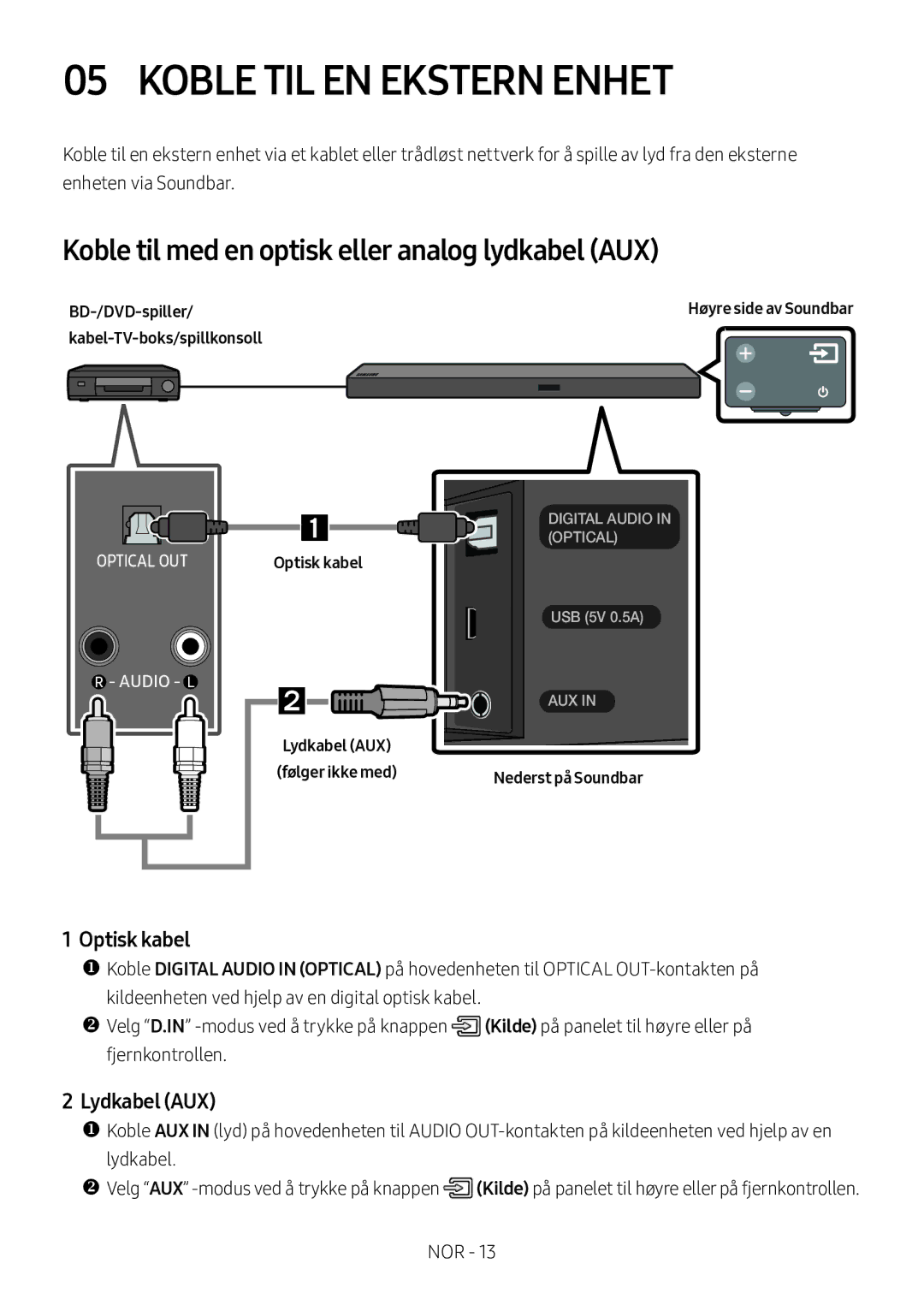 Samsung HW-M560/XE, HW-M550/EN Koble TIL EN Ekstern Enhet, Koble til med en optisk eller analog lydkabel AUX, Lydkabel AUX 