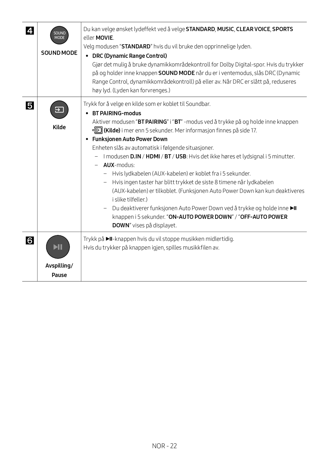 Samsung HW-M560/XE, HW-M550/EN, HW-M550/ZF manual BT PAIRING-modus, Funksjonen Auto Power Down, Avspilling Pause 