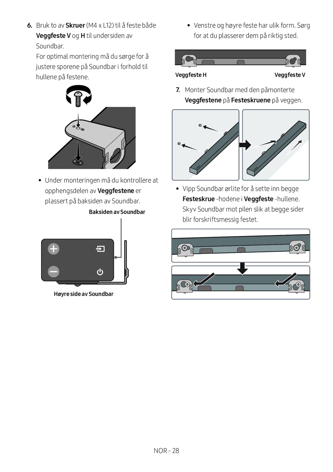 Samsung HW-M560/XE, HW-M550/EN manual Veggfestene på Festeskruene på veggen, Baksiden av Soundbar Høyre side av Soundbar 