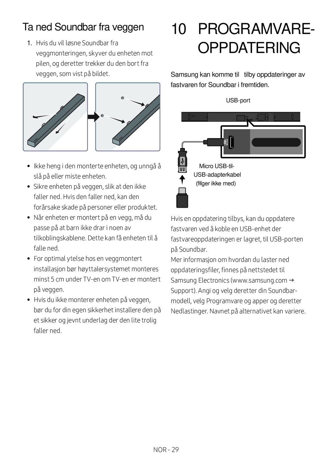 Samsung HW-M550/EN, HW-M550/ZF, HW-M560/XE manual PROGRAMVARE- Oppdatering, Ta ned Soundbar fra veggen 