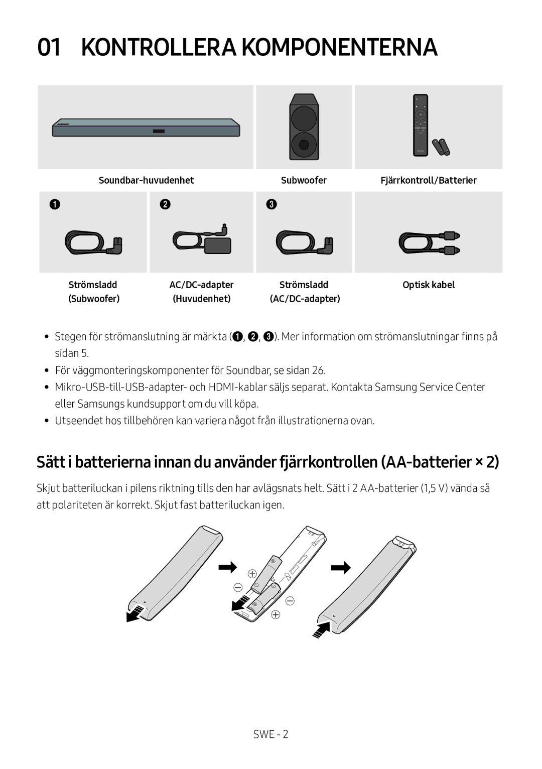 Samsung HW-M550/ZF, HW-M550/EN, HW-M560/XE manual Kontrollera Komponenterna 