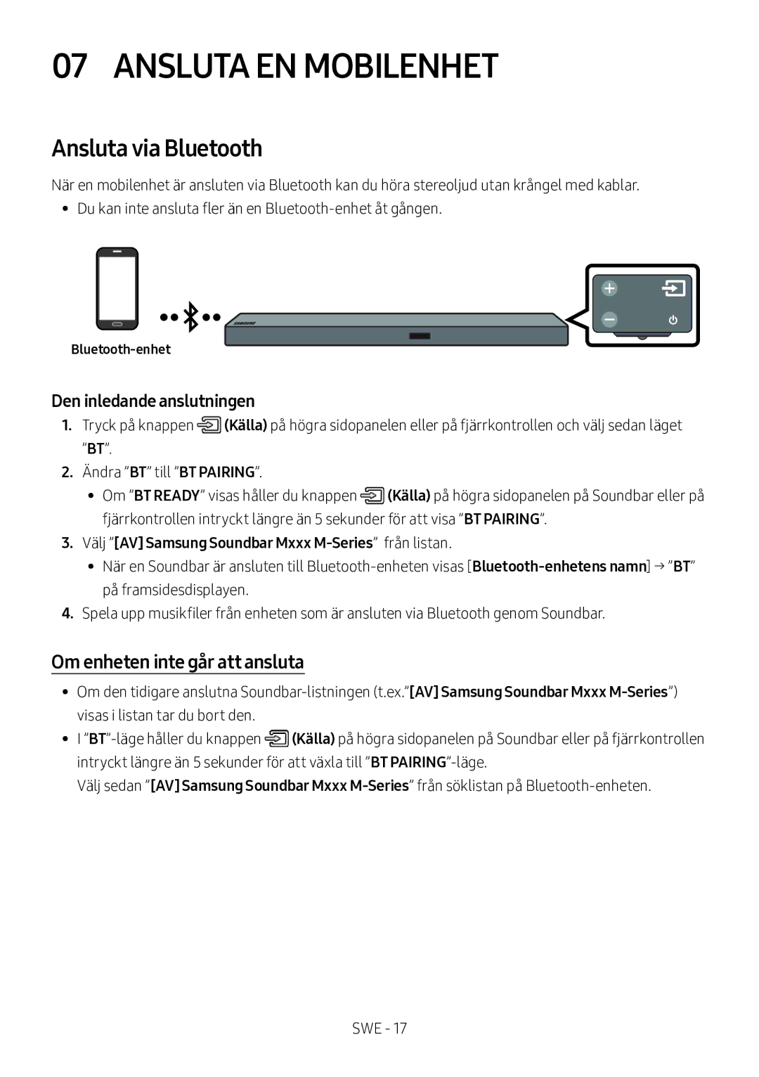 Samsung HW-M550/ZF, HW-M550/EN, HW-M560/XE Ansluta EN Mobilenhet, Ansluta via Bluetooth, Om enheten inte går att ansluta 