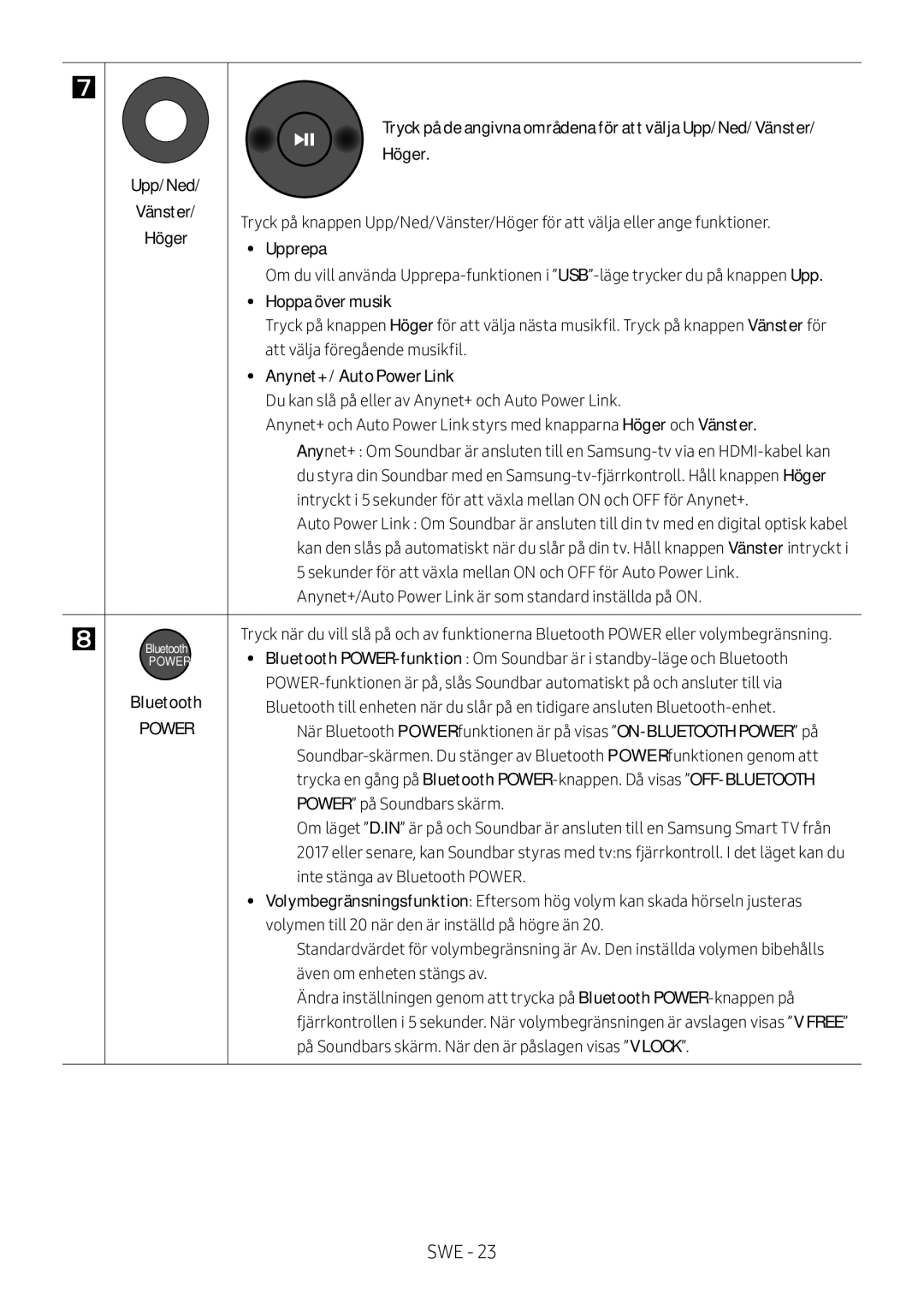 Samsung HW-M550/ZF, HW-M550/EN, HW-M560/XE manual Upp/Ned Höger, Upprepa, Hoppa över musik 