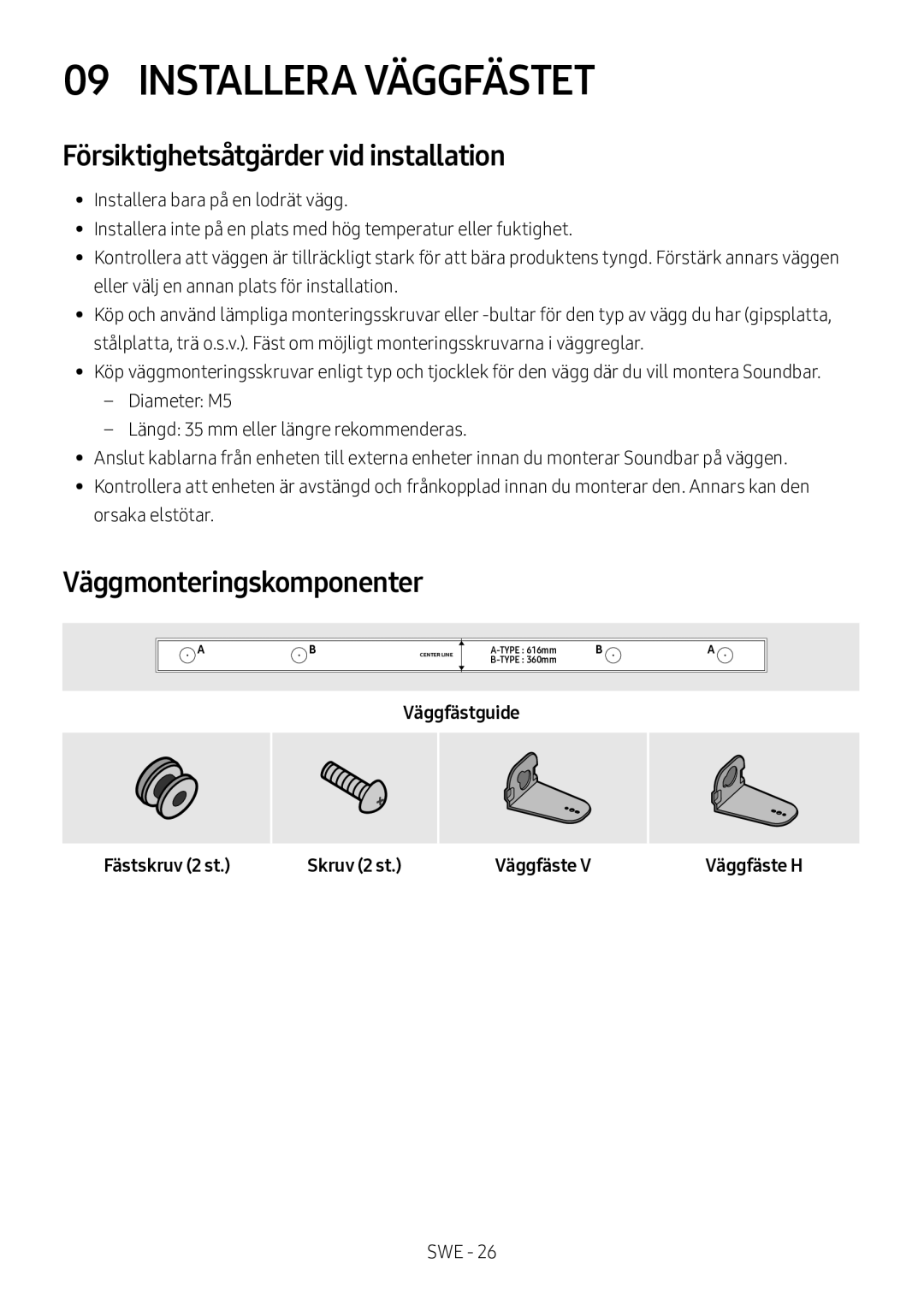 Samsung HW-M550/ZF, HW-M550/EN Installera Väggfästet, Försiktighetsåtgärder vid installation, Väggmonteringskomponenter 