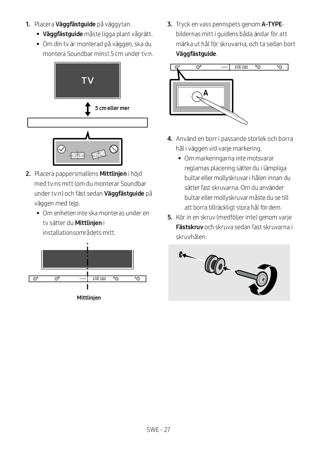 Samsung HW-M560/XE, HW-M550/EN, HW-M550/ZF manual Väggfästguide, Mittlinjen 