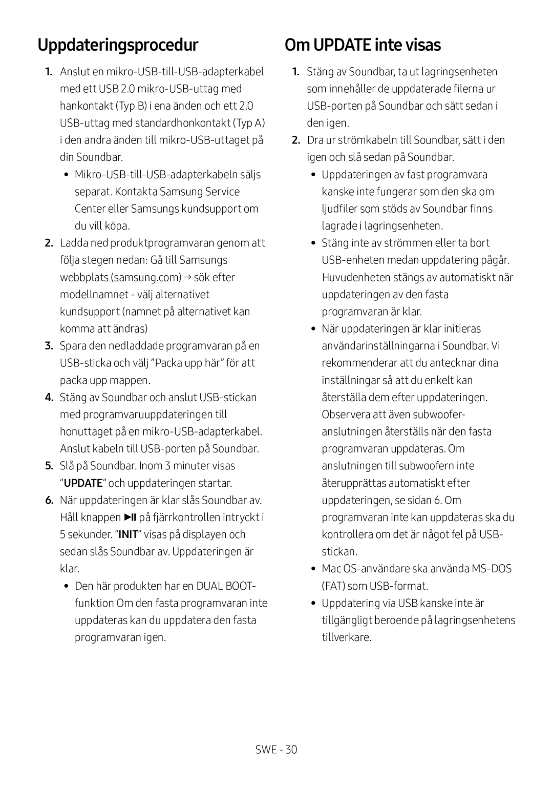 Samsung HW-M560/XE, HW-M550/EN, HW-M550/ZF manual Uppdateringsprocedur, Om Update inte visas 