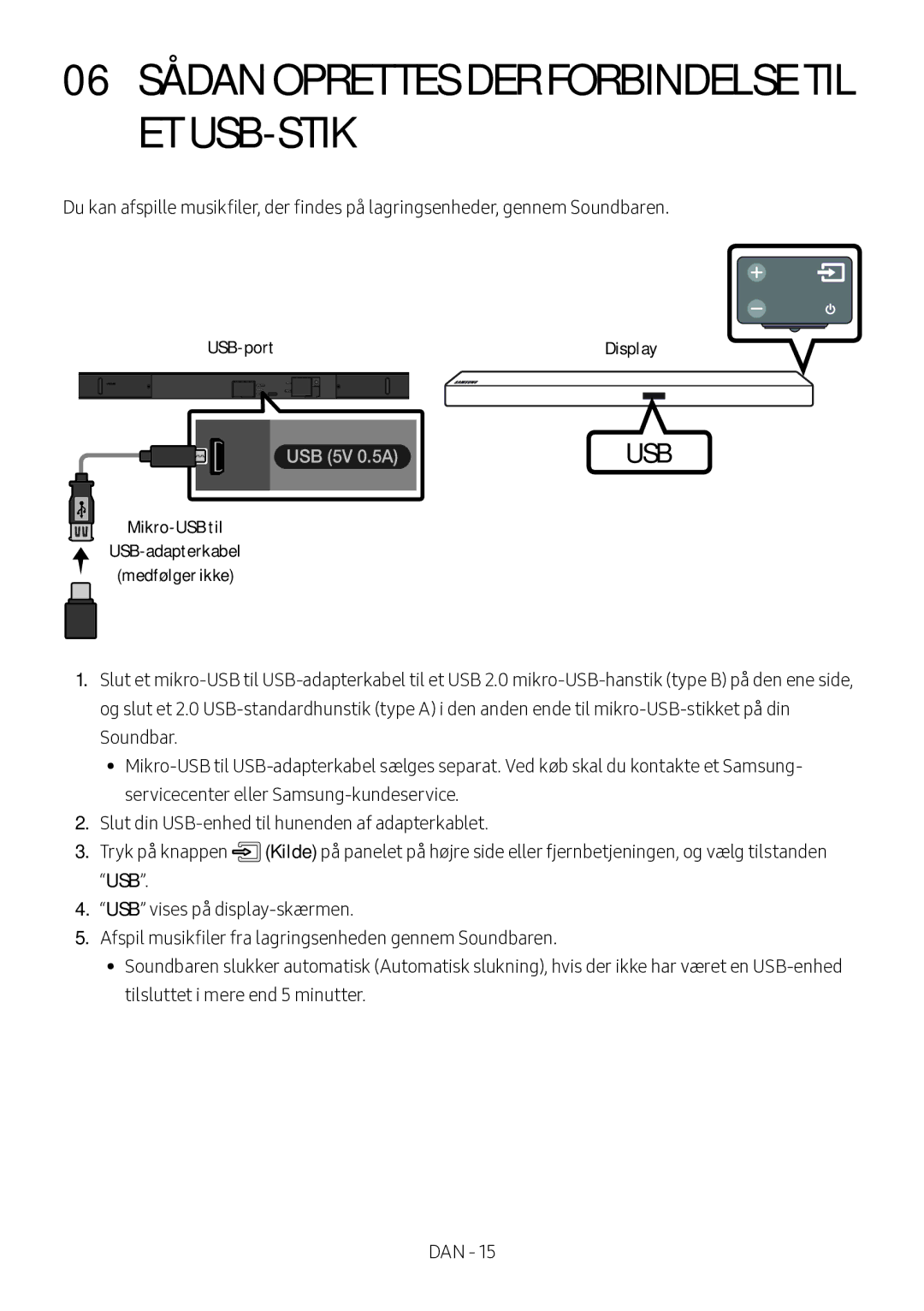 Samsung HW-M560/XE, HW-M550/EN, HW-M550/ZF manual 06 Sådan Oprettes DER Forbindelse TIL ET USB-STIK, USB-port Display 