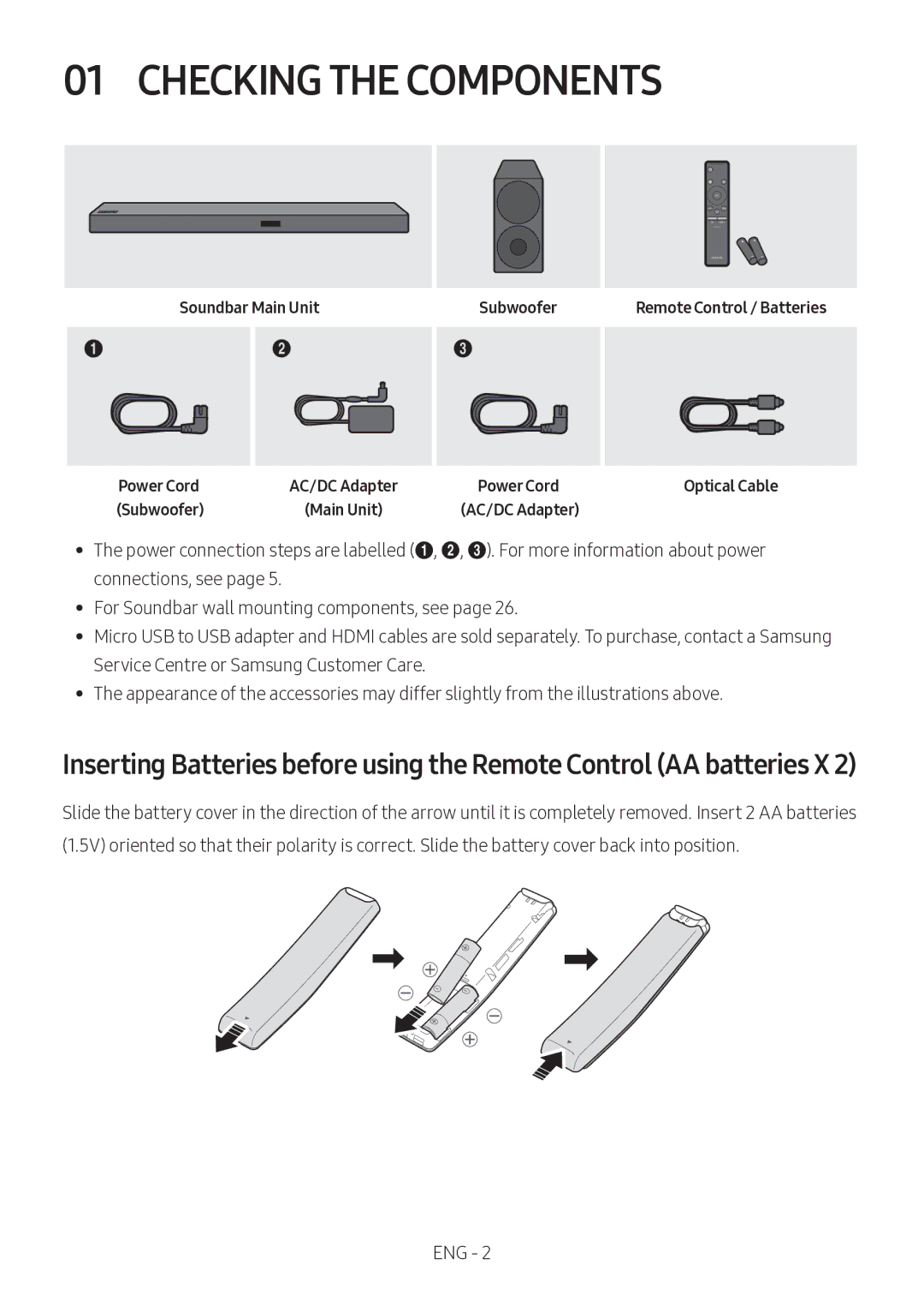 Samsung HW-M550/EN, HW-M550/ZF, HW-M560/XE manual Checking the Components, Soundbar Main Unit Subwoofer, Power Cord 