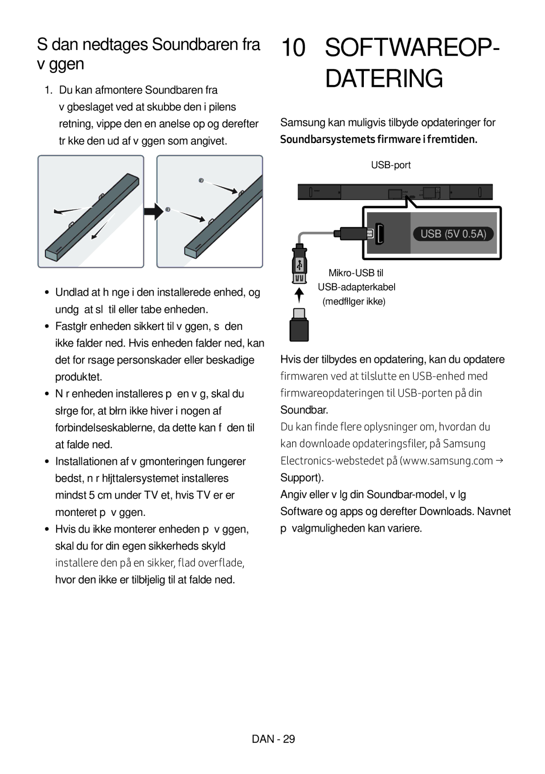 Samsung HW-M550/ZF, HW-M550/EN, HW-M560/XE manual Sådan nedtages Soundbaren fra væggen, USB-port 