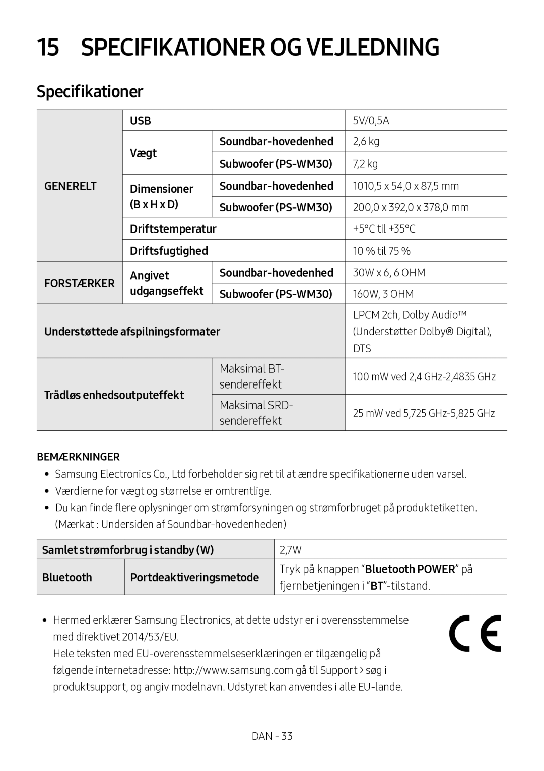 Samsung HW-M560/XE, HW-M550/EN, HW-M550/ZF manual Specifikationer OG Vejledning 