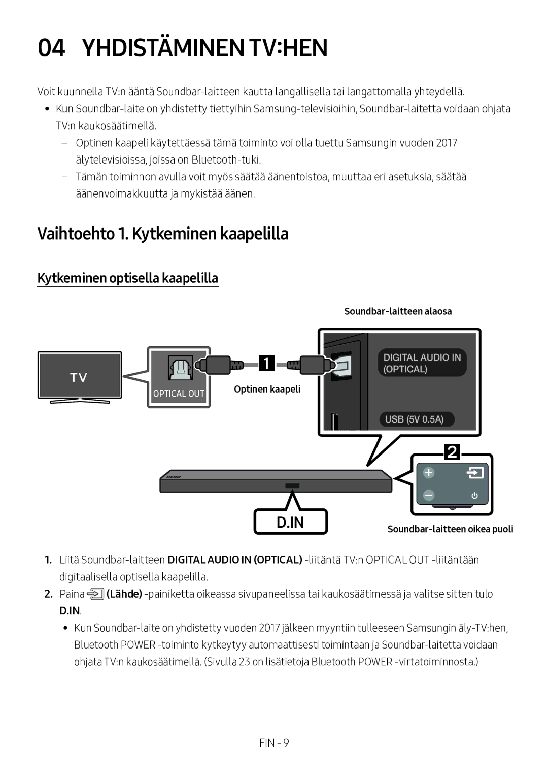 Samsung HW-M550/EN, HW-M550/ZF Yhdistäminen Tvhen, Vaihtoehto 1. Kytkeminen kaapelilla, Kytkeminen optisella kaapelilla 