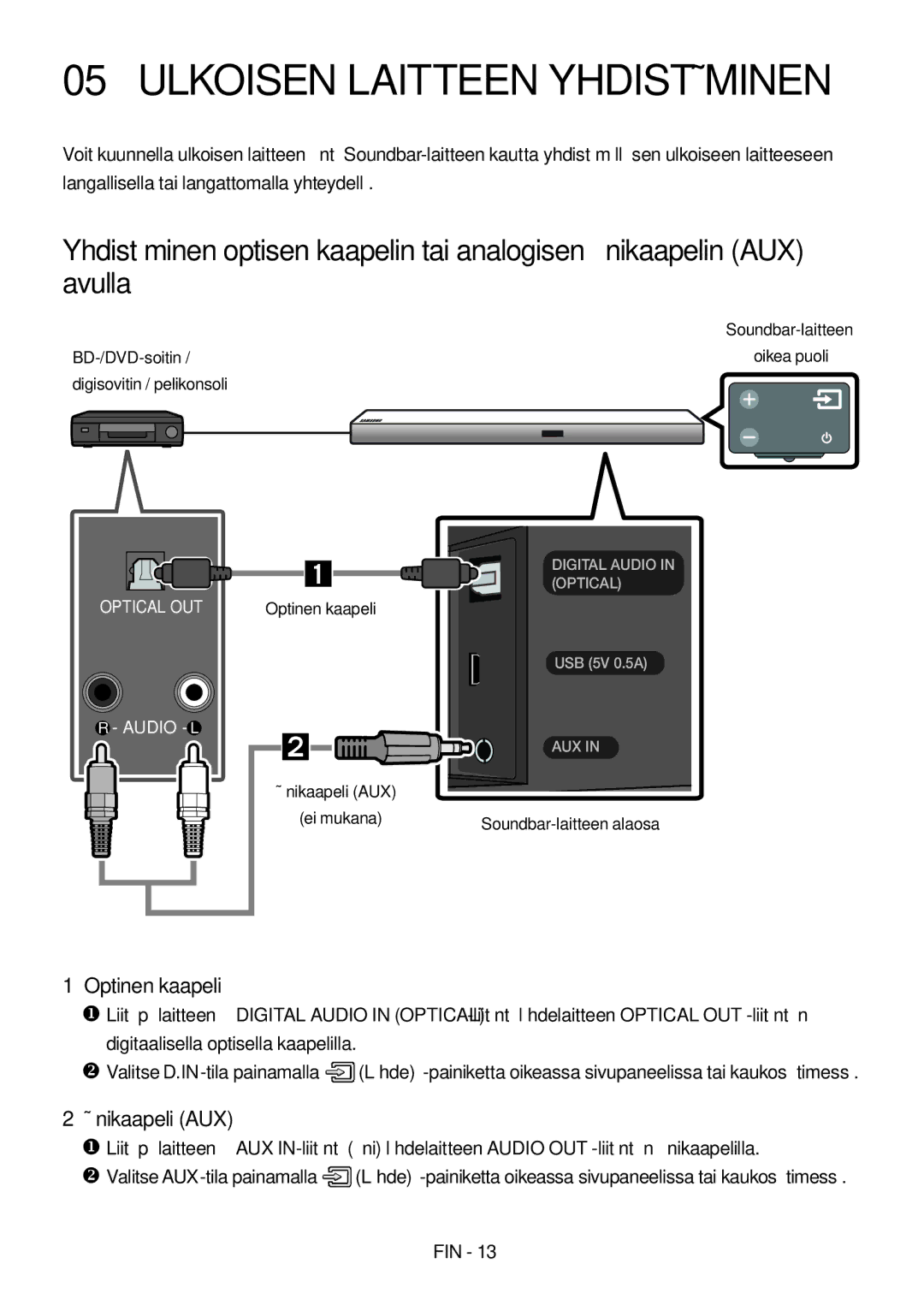 Samsung HW-M550/ZF, HW-M550/EN, HW-M560/XE Ulkoisen Laitteen Yhdistäminen, Optinen kaapeli, Äänikaapeli AUX, BD-/DVD-soitin 