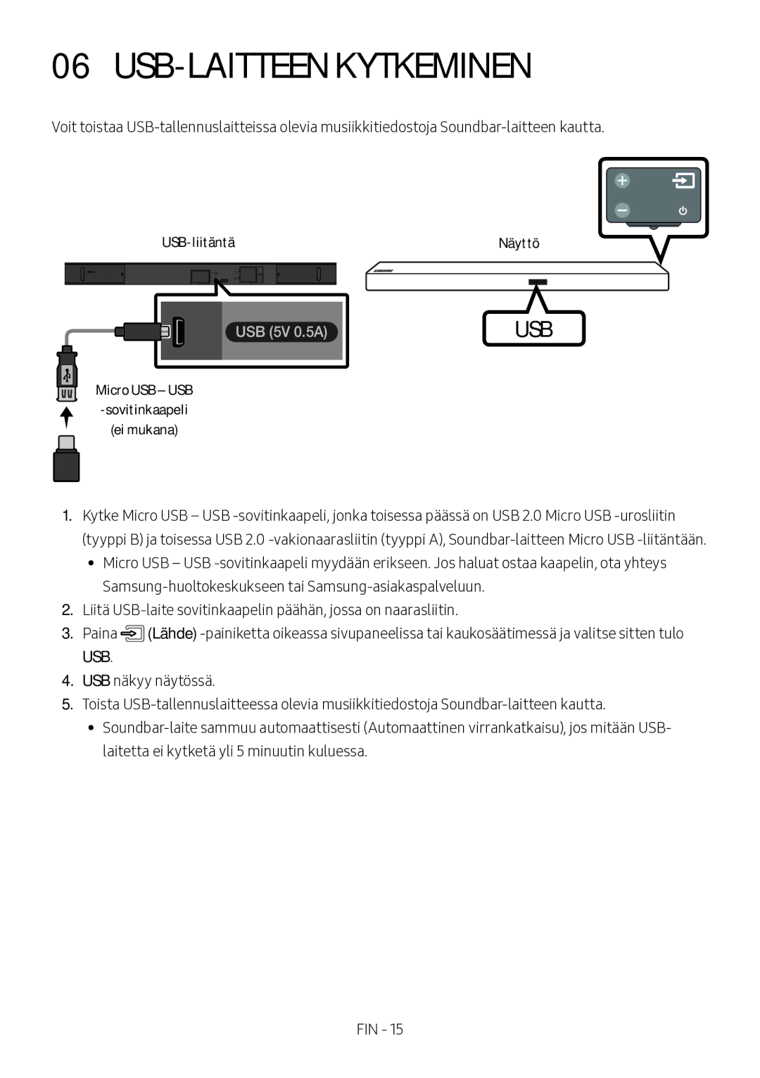 Samsung HW-M550/EN, HW-M550/ZF, HW-M560/XE manual USB-LAITTEEN Kytkeminen, USB-liitäntä Näyttö 