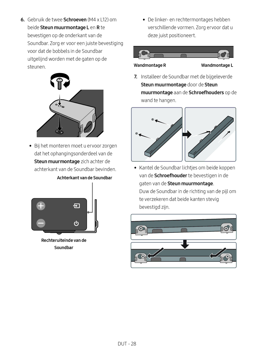 Samsung HW-M550/ZF, HW-M550/EN, HW-M560/XE manual Achterkant van de Soundbar, Wandmontage R, Rechteruiteinde van de Soundbar 