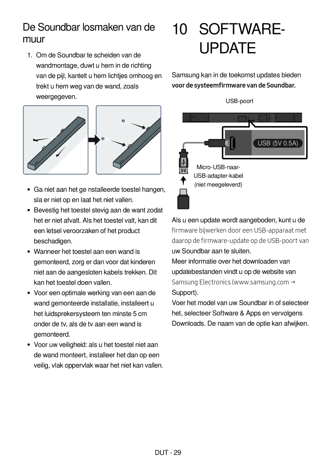 Samsung HW-M560/XE, HW-M550/EN, HW-M550/ZF manual De Soundbar losmaken van de muur, USB-poort 