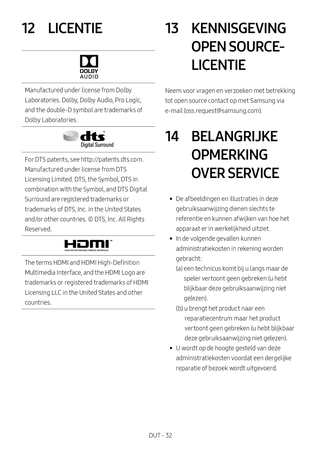 Samsung HW-M560/XE, HW-M550/EN, HW-M550/ZF manual Licentie, Belangrijke Opmerking Over Service 