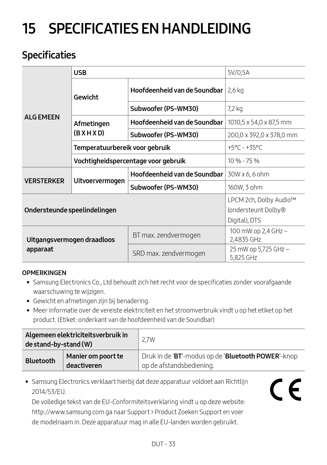 Samsung HW-M550/EN, HW-M550/ZF, HW-M560/XE manual Specificaties EN Handleiding 