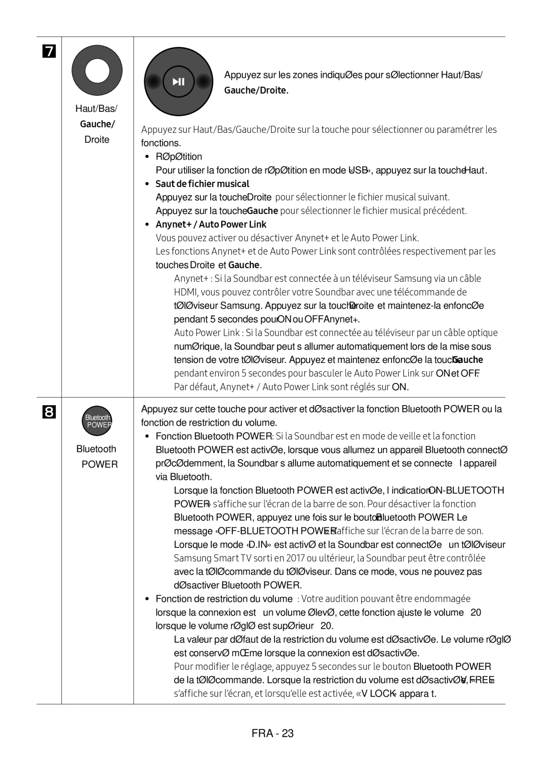 Samsung HW-M550/EN, HW-M550/ZF manual Haut/Bas Gauche/Droite, Répétition, Saut de fichier musical, Touches Droite et Gauche 