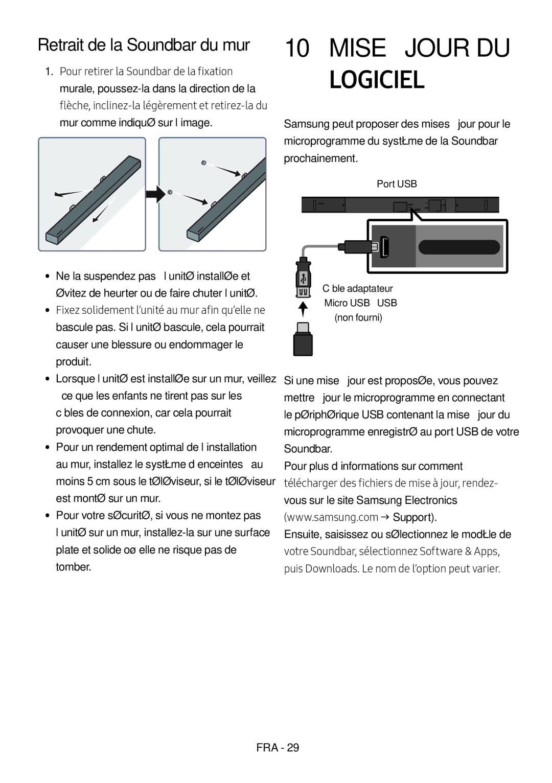 Samsung HW-M550/EN, HW-M550/ZF, HW-M560/XE manual Mise À Jour DU Logiciel, Retrait de la Soundbar du mur, Port USB 