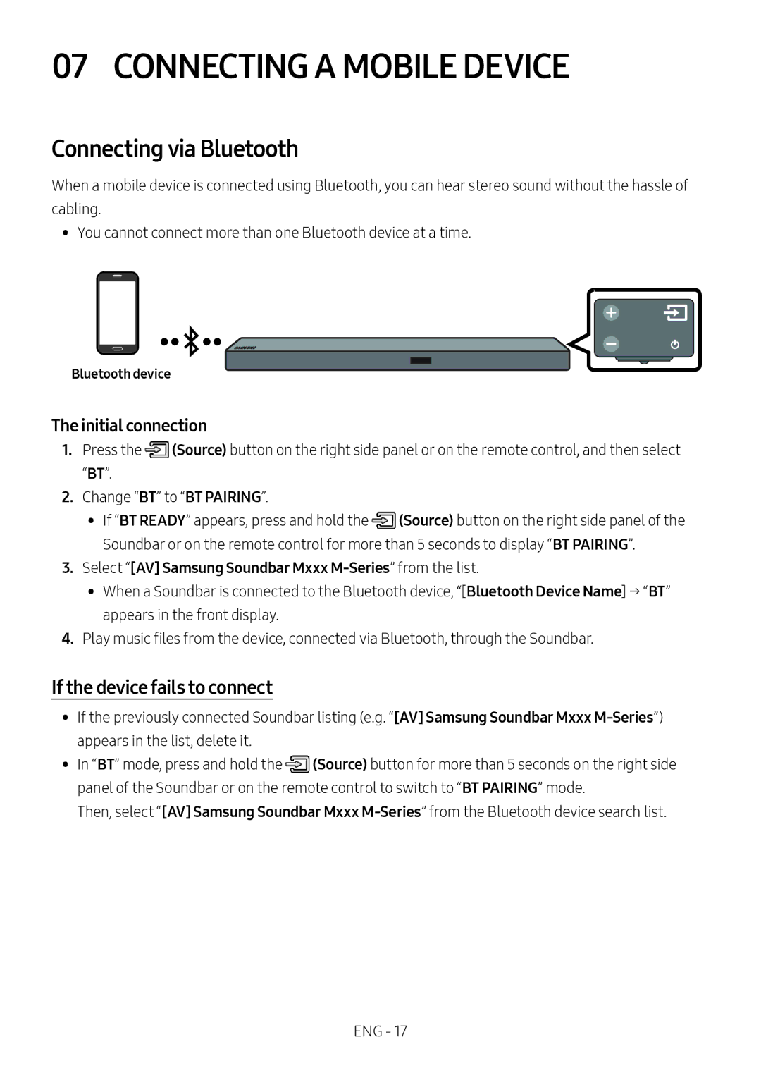 Samsung HW-M550/EN Connecting a Mobile Device, Connecting via Bluetooth, If the device fails to connect, Bluetooth device 