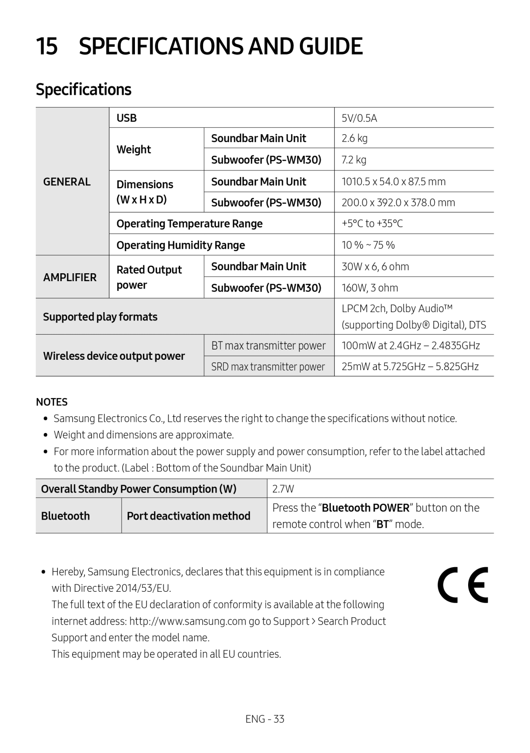 Samsung HW-M550/ZF, HW-M550/EN, HW-M560/XE manual Specifications and Guide 