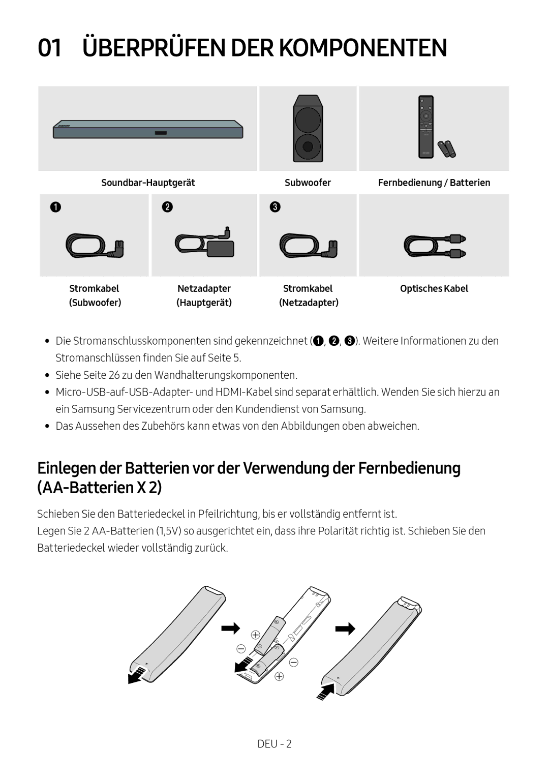 Samsung HW-M550/ZF, HW-M550/EN, HW-M560/XE manual 01 Überprüfen DER Komponenten 