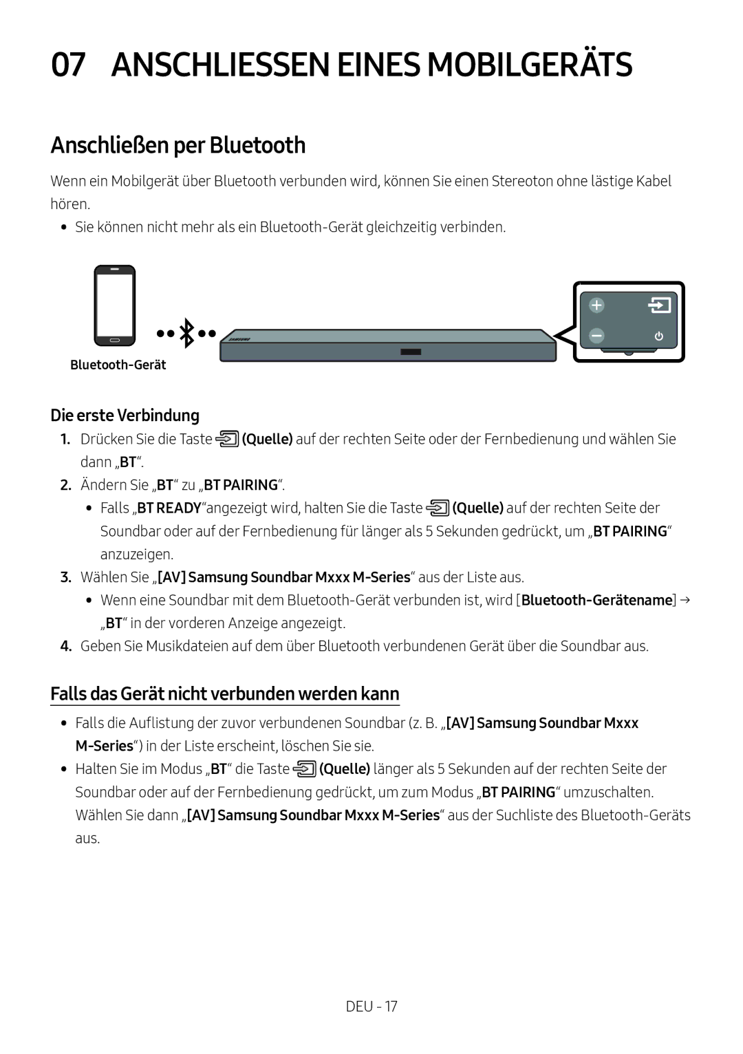 Samsung HW-M550/ZF Anschliessen Eines Mobilgeräts, Anschließen per Bluetooth, Falls das Gerät nicht verbunden werden kann 