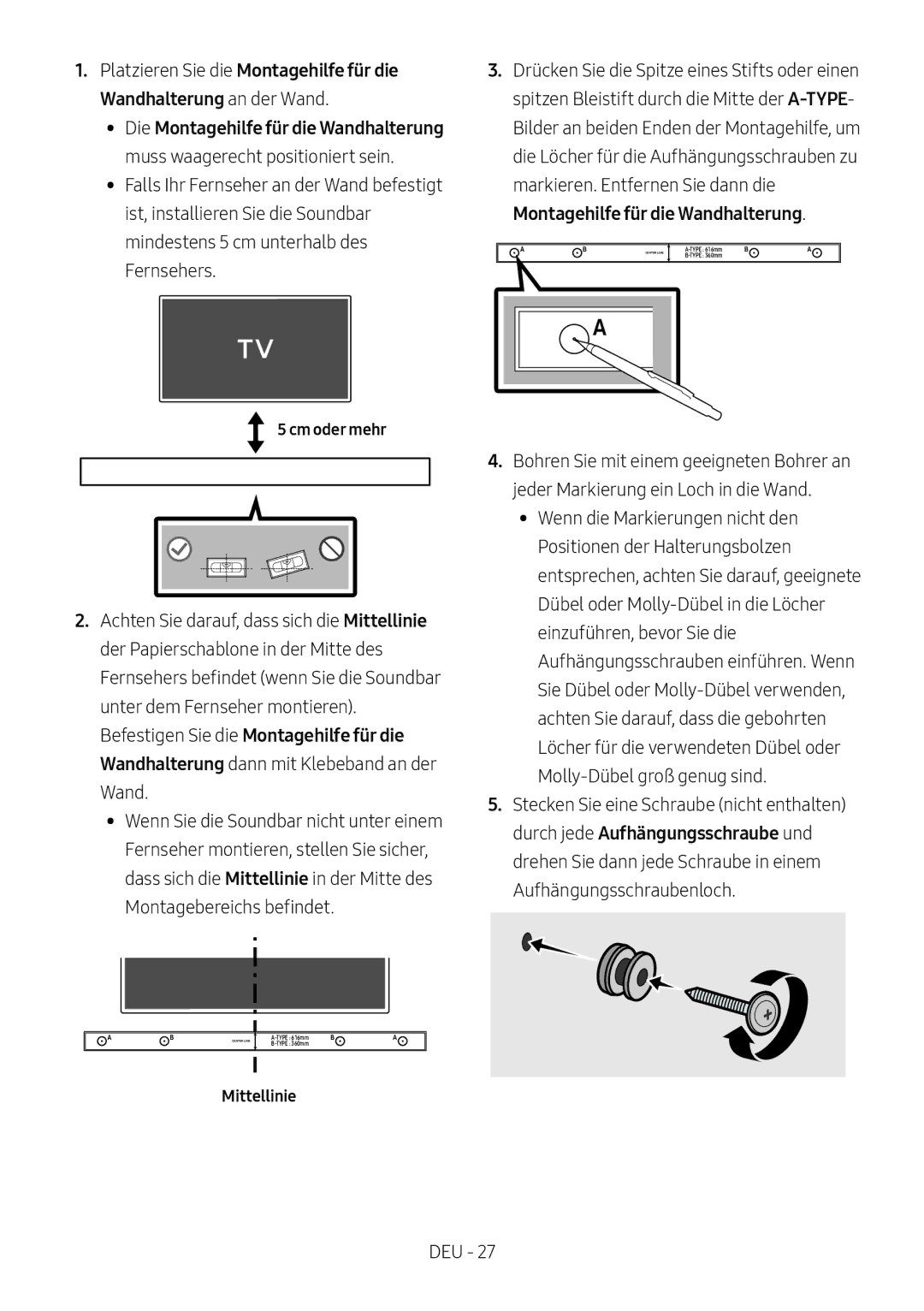 Samsung HW-M560/XE, HW-M550/EN, HW-M550/ZF manual Cm oder mehr, Mittellinie 