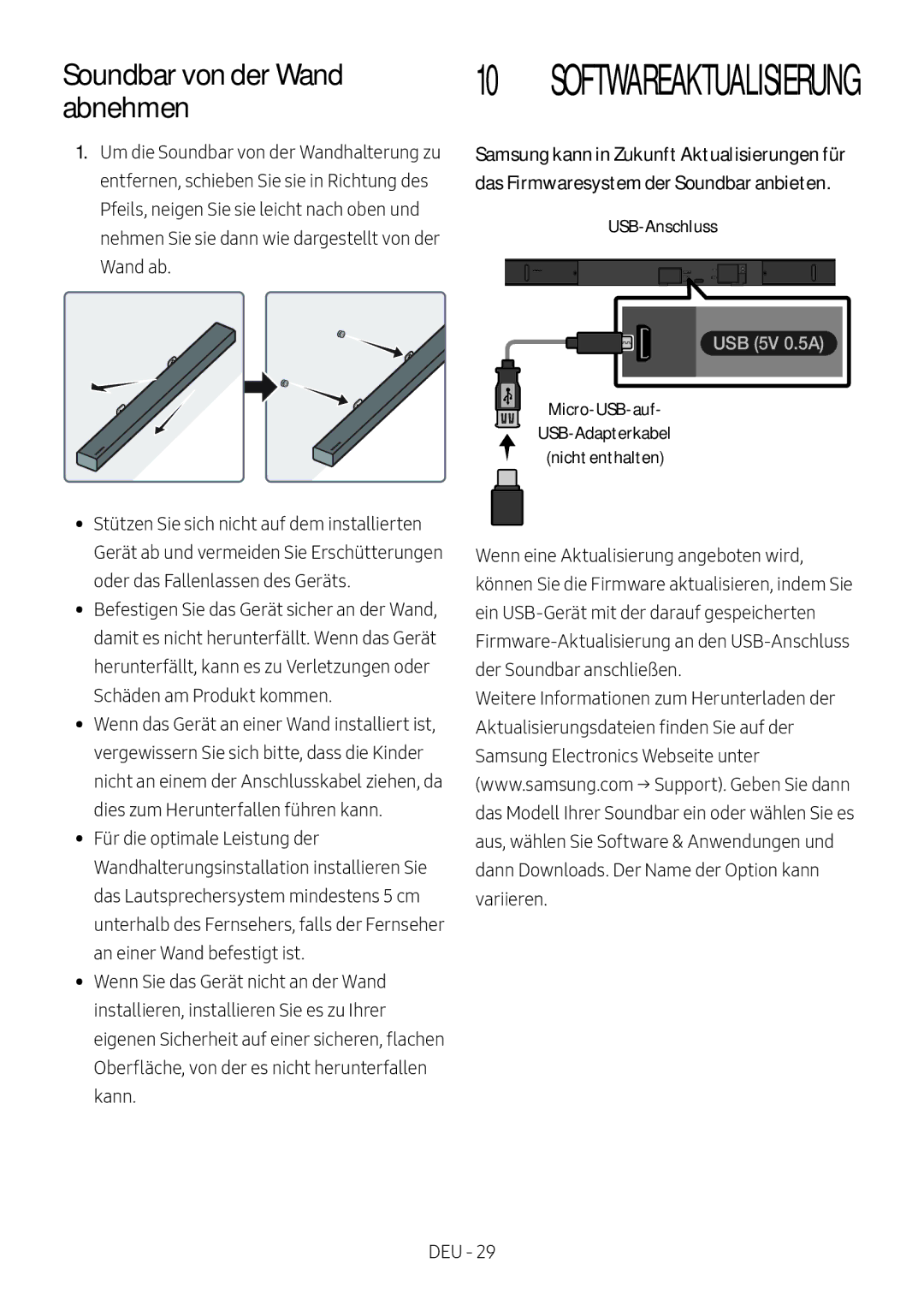 Samsung HW-M550/ZF, HW-M550/EN, HW-M560/XE manual Soundbar von der Wand abnehmen, Softwareaktualisierung 