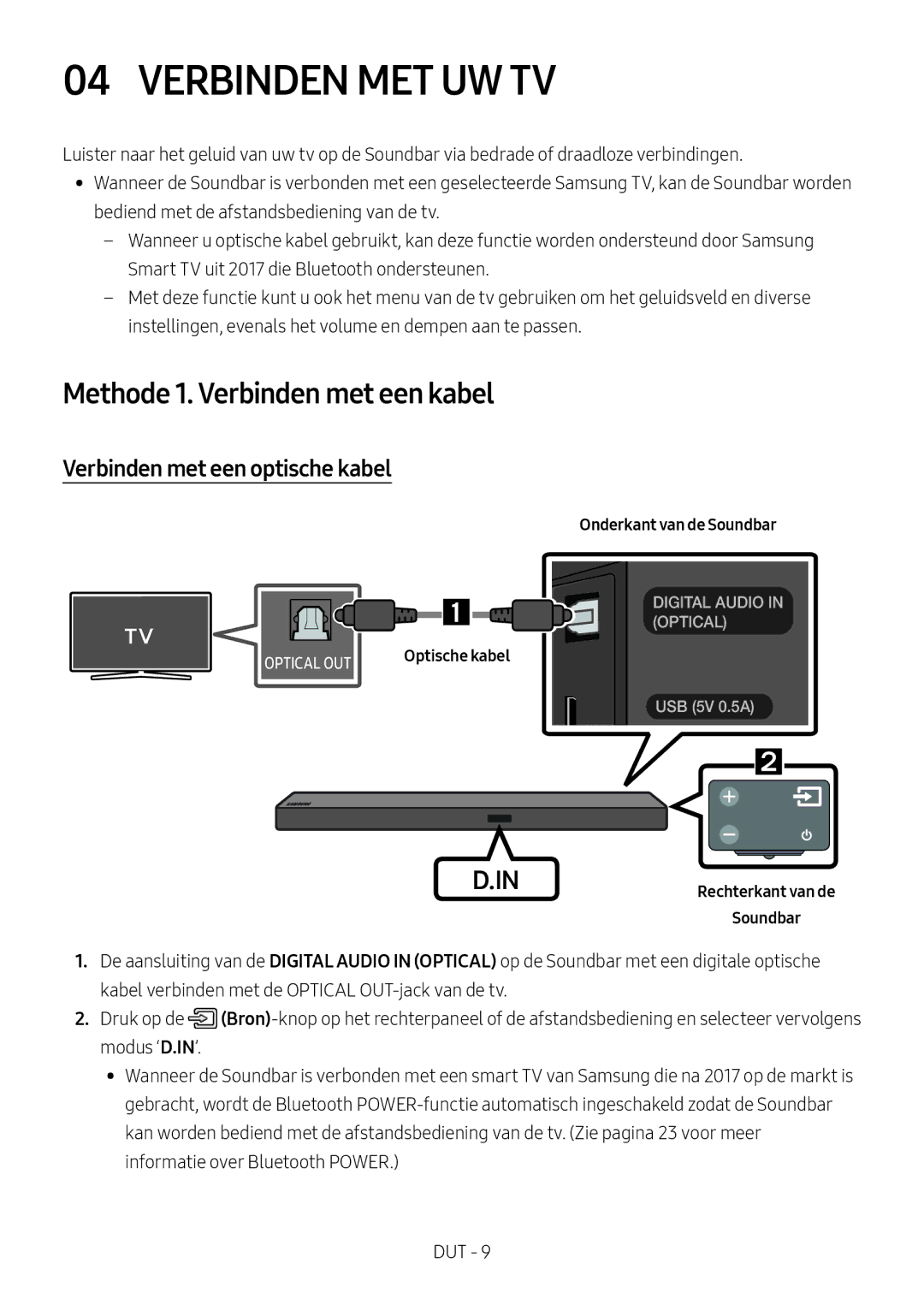 Samsung HW-M550/EN, HW-M550/ZF Verbinden MET UW TV, Methode 1. Verbinden met een kabel, Verbinden met een optische kabel 