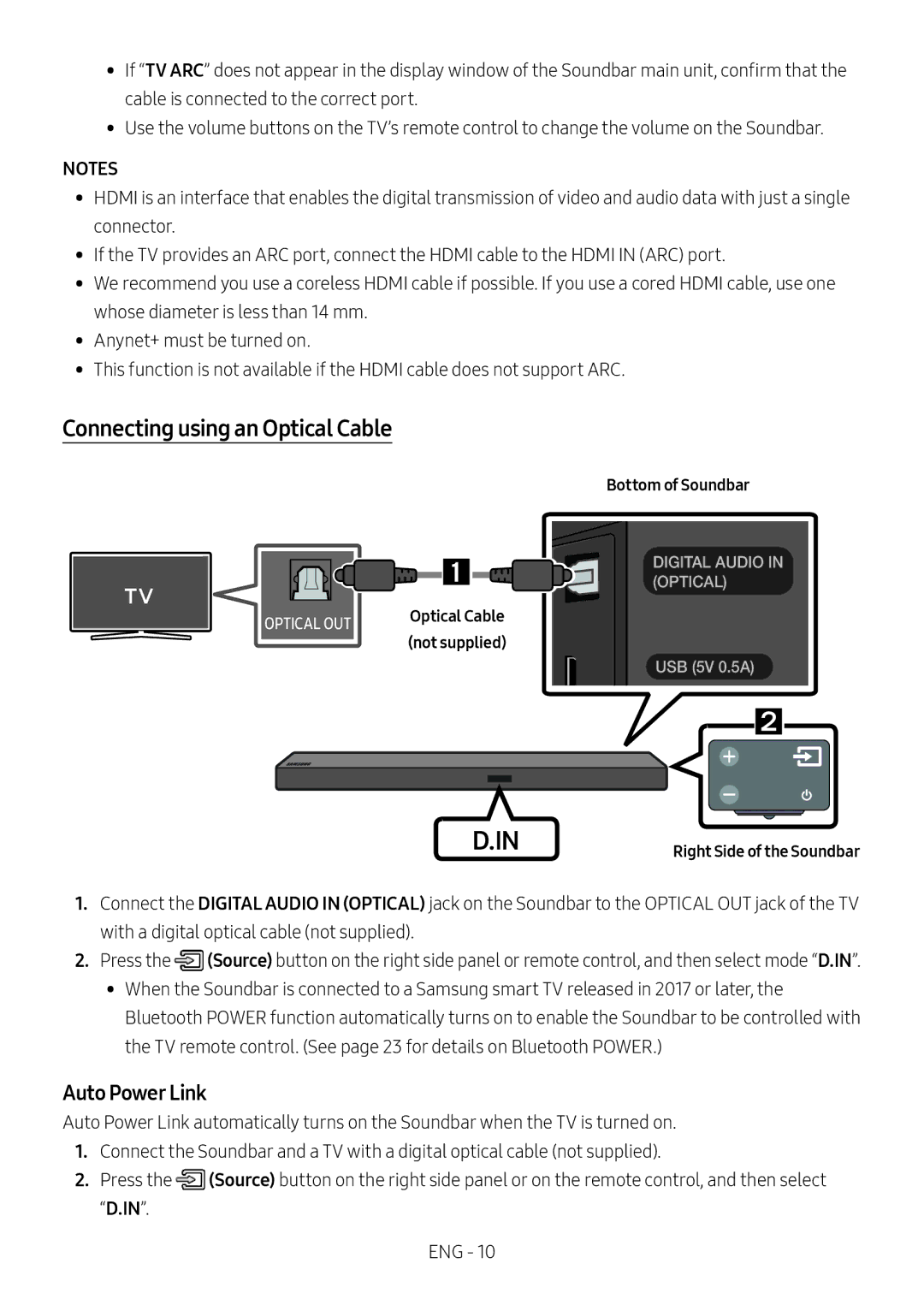 Samsung HW-M560/XE, HW-M550/EN, HW-M550/ZF manual Connecting using an Optical Cable, Auto Power Link 